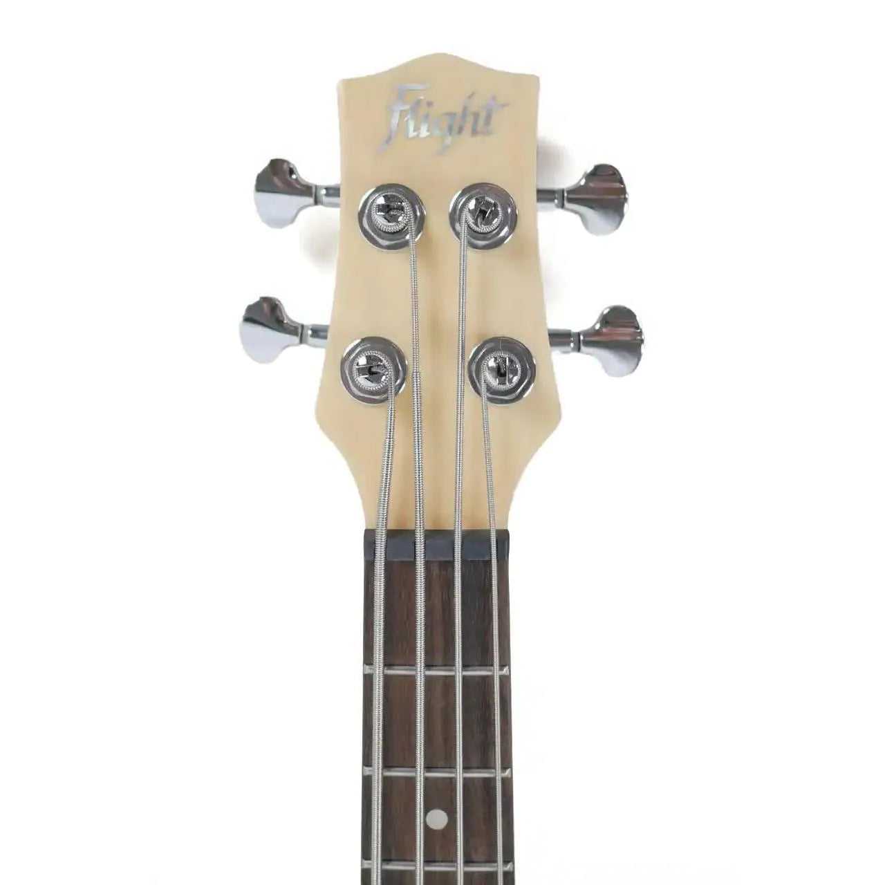 Flight BL Blue Short Scale Electric Lite Mini Bass headstock with chrome tuners and maple neck.