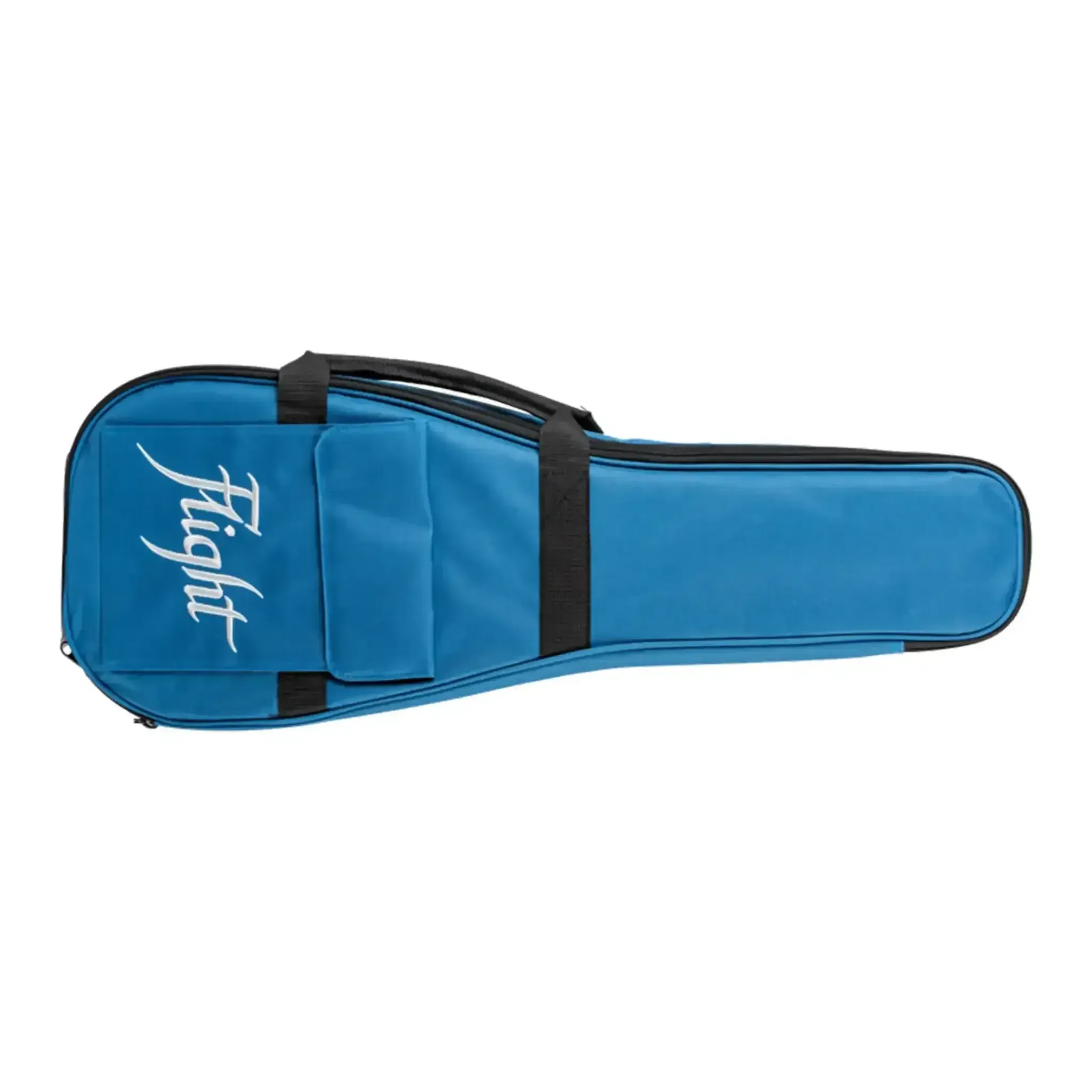 Flight Centurion ukulele gig bag in bright blue with white "Flight" logo and black straps.