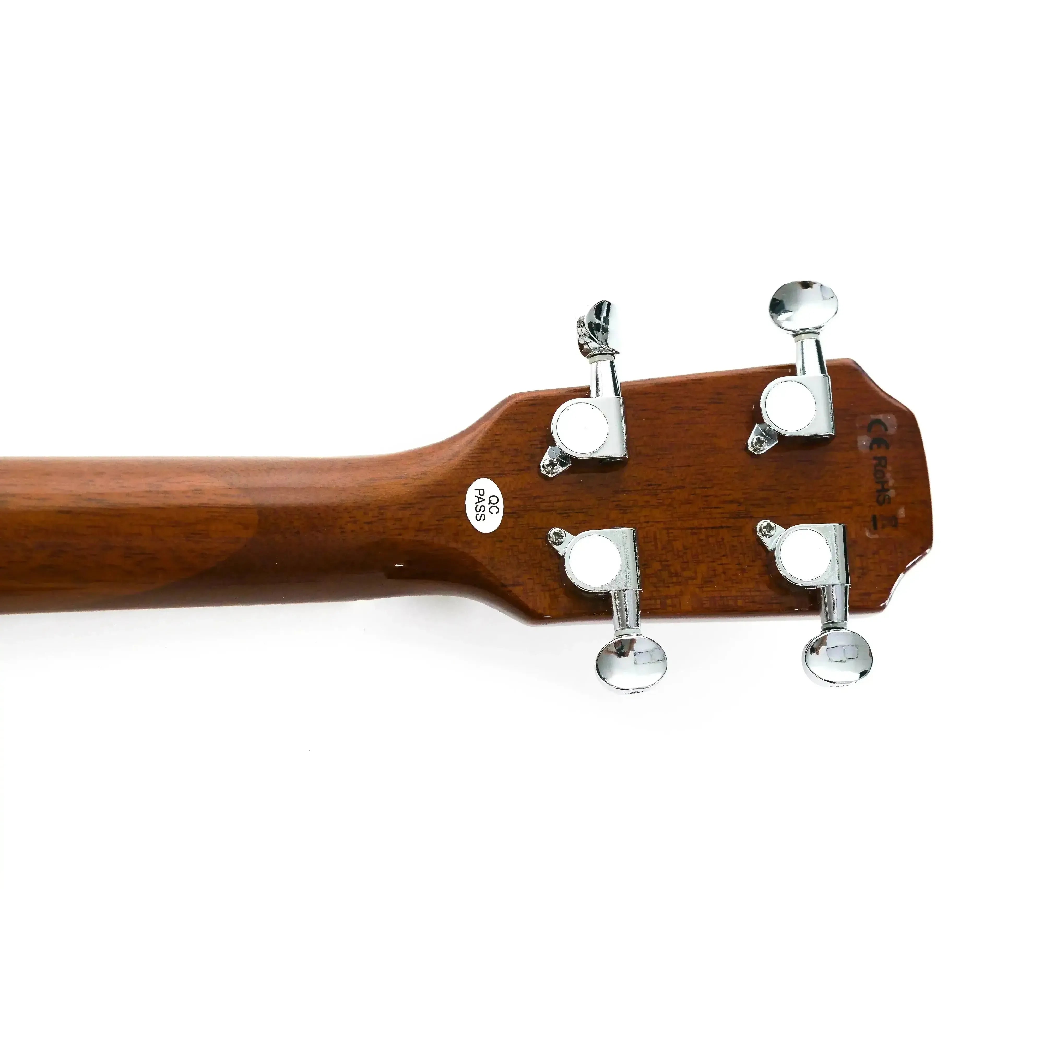 Back of a Flight Centurion GT Tenor Ukulele headstock with mahogany neck and chrome tuners.