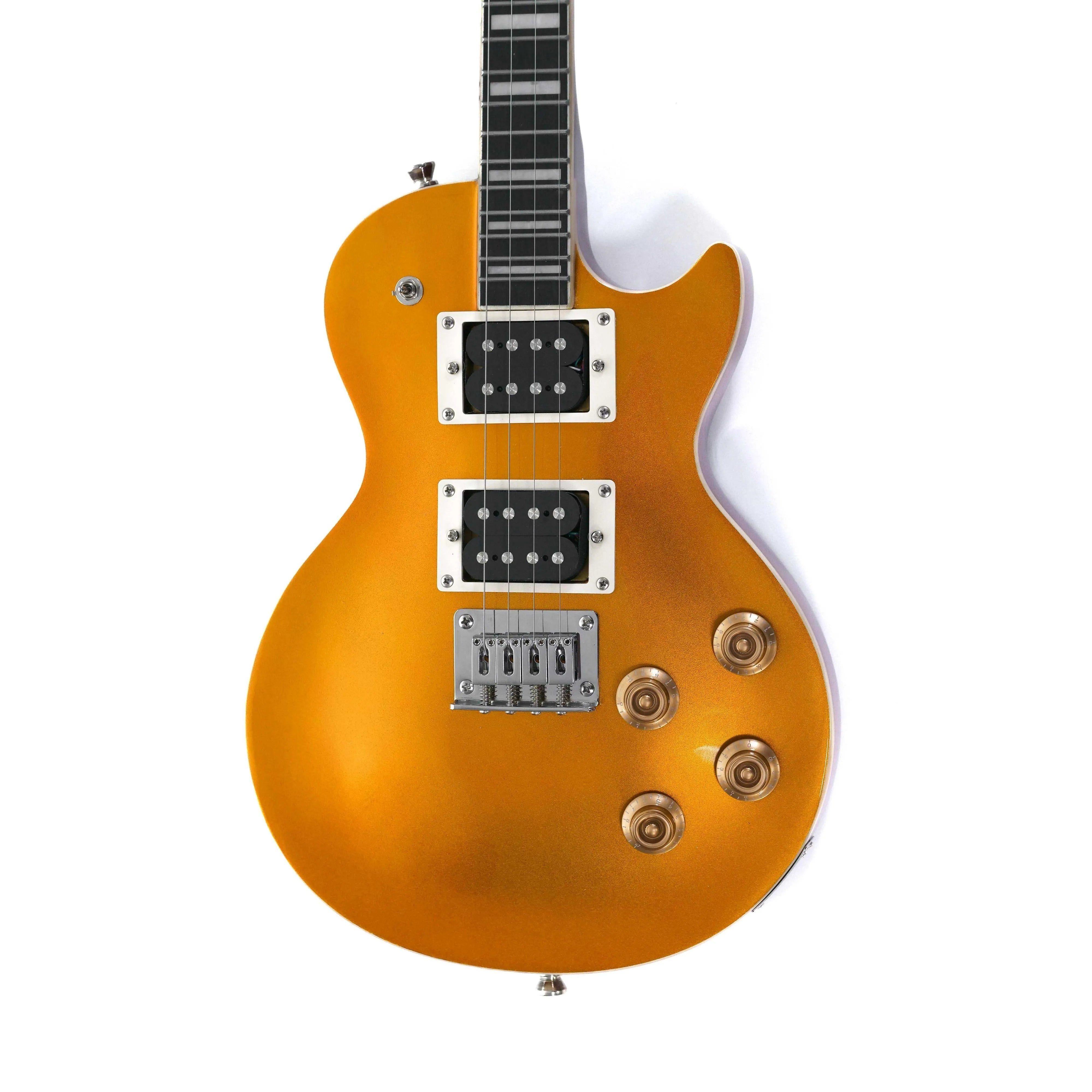 Flight Centurion GT electric tenor ukulele with vintage goldtop finish, black humbuckers, and gold knobs.