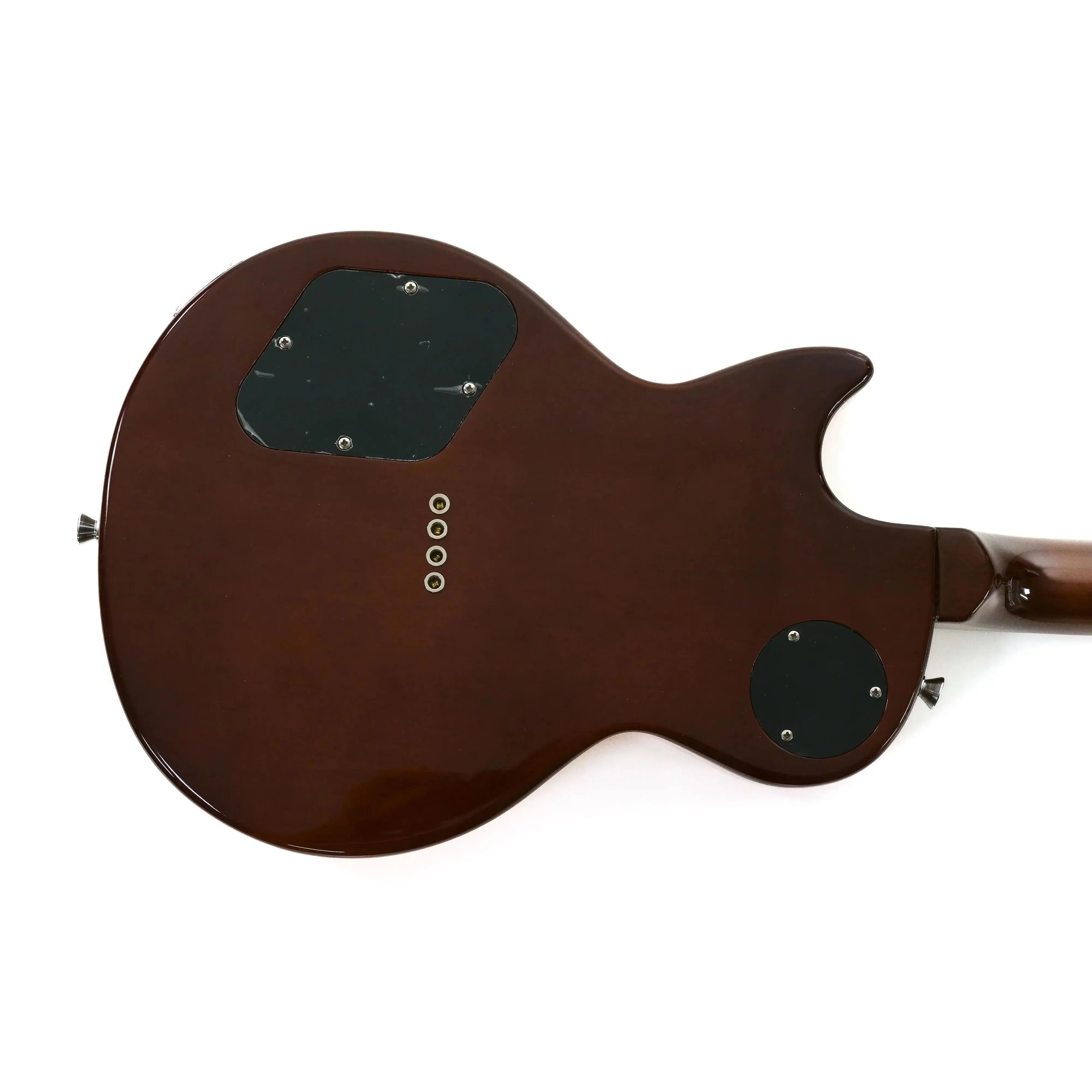 Back of a Flight Centurion VB Electric Tenor Ukulele, showing its solid mahogany body and dark brown finish.