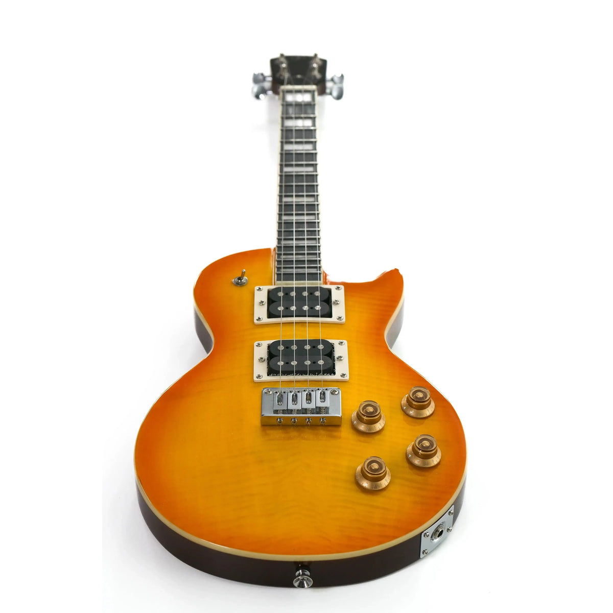 Flight Centurion VB Electric Tenor Ukulele with vintage sunburst flamed maple veneer, humbucker pickups, and gold knobs.