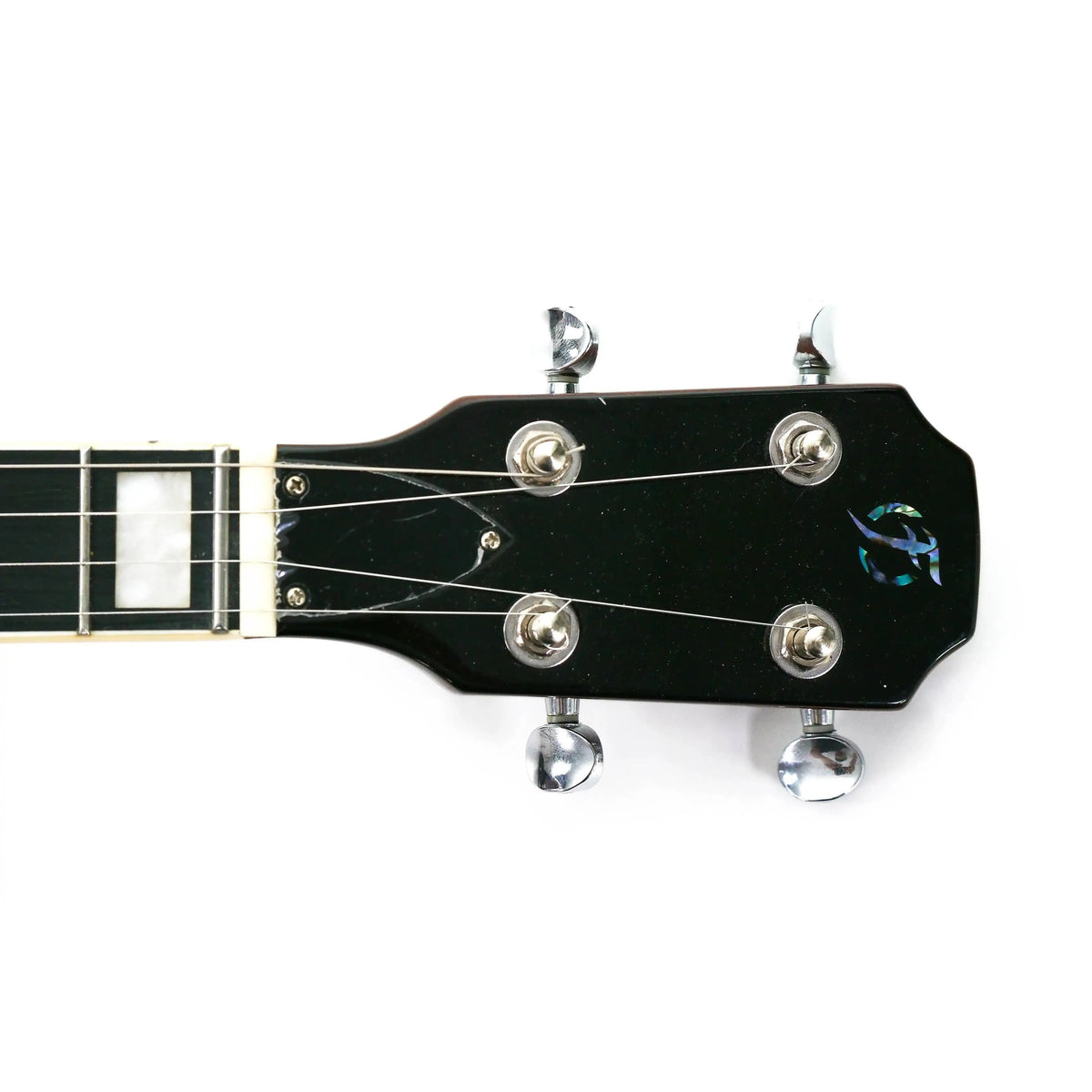 Flight Centurion VB Electric Tenor Ukulele headstock with gloss black veneer and chrome tuners.