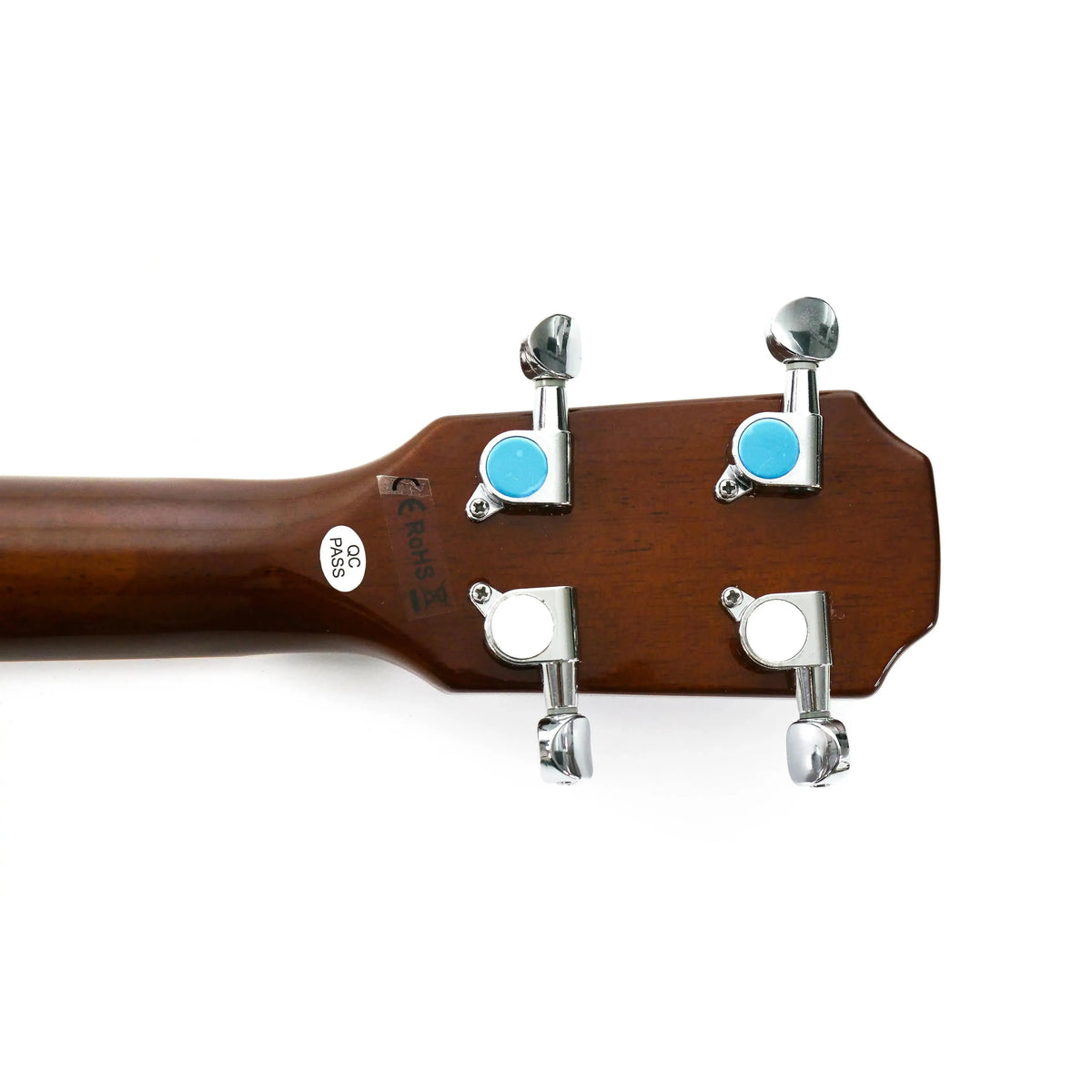 Back of a Flight Centurion VB Electric Tenor Ukulele headstock with mahogany wood and four chrome tuners.