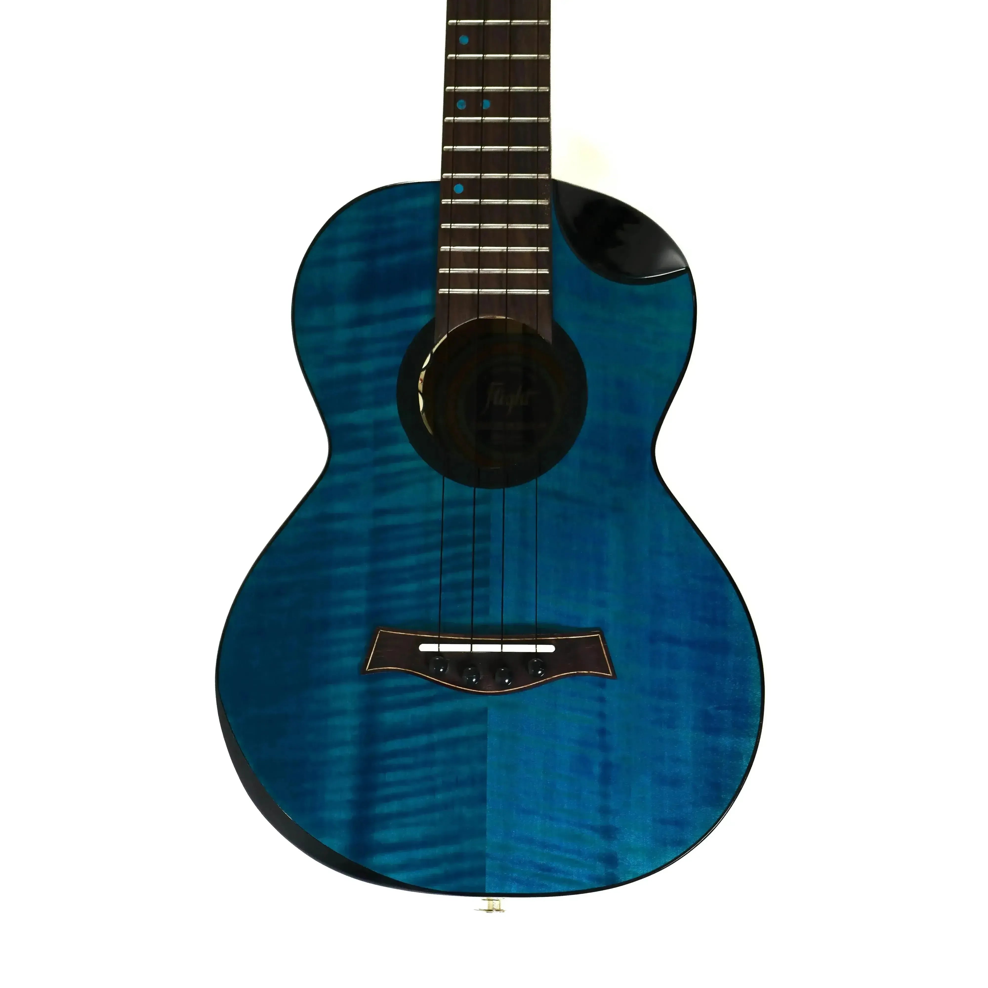 Flight Comet Blue EQ-A Tenor Ukulele with solid flamed maple top, rosewood fretboard, and gloss blue finish.