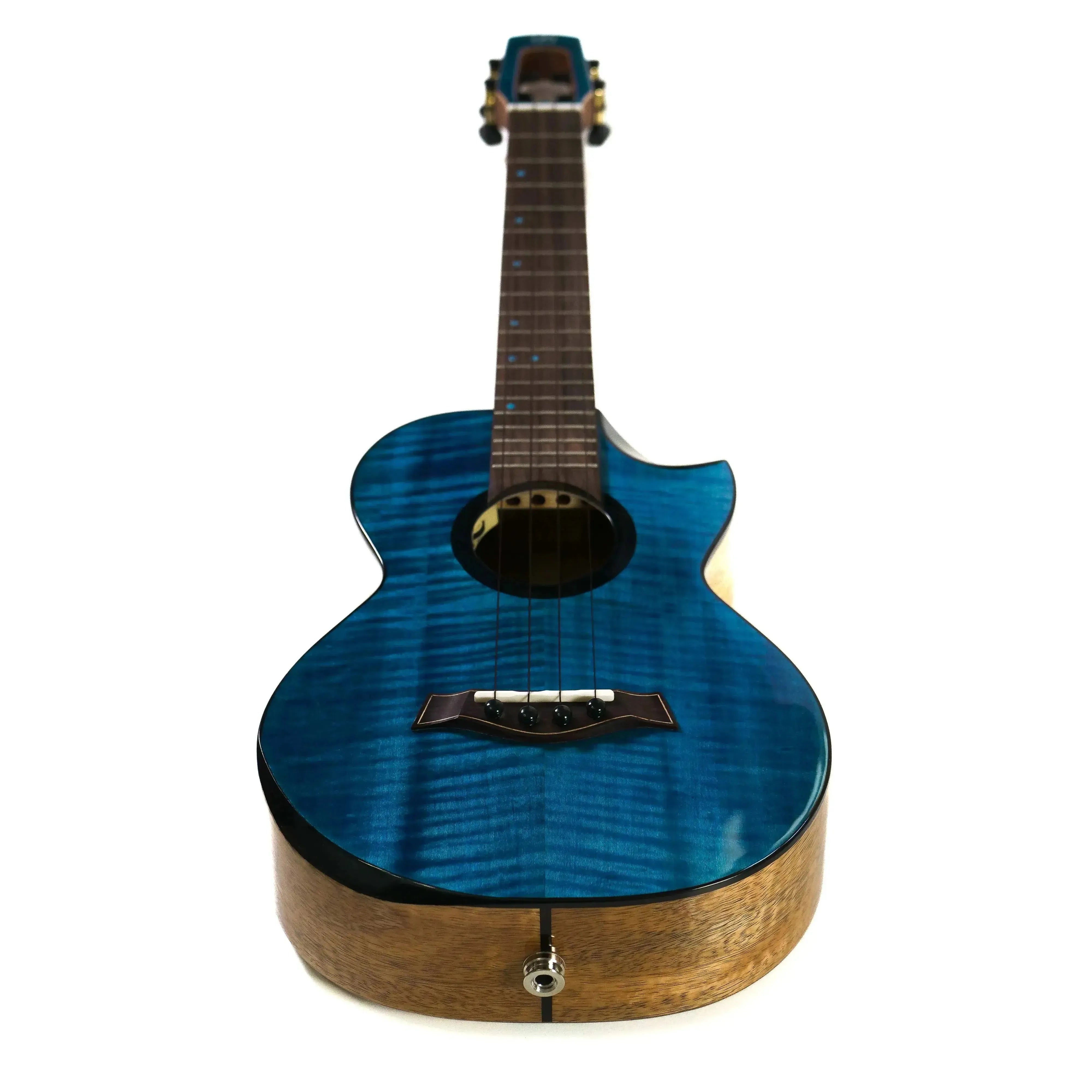 Flight Comet Blue EQ-A Tenor Ukulele with flamed maple top, solid mango back, and gloss blue stain finish.