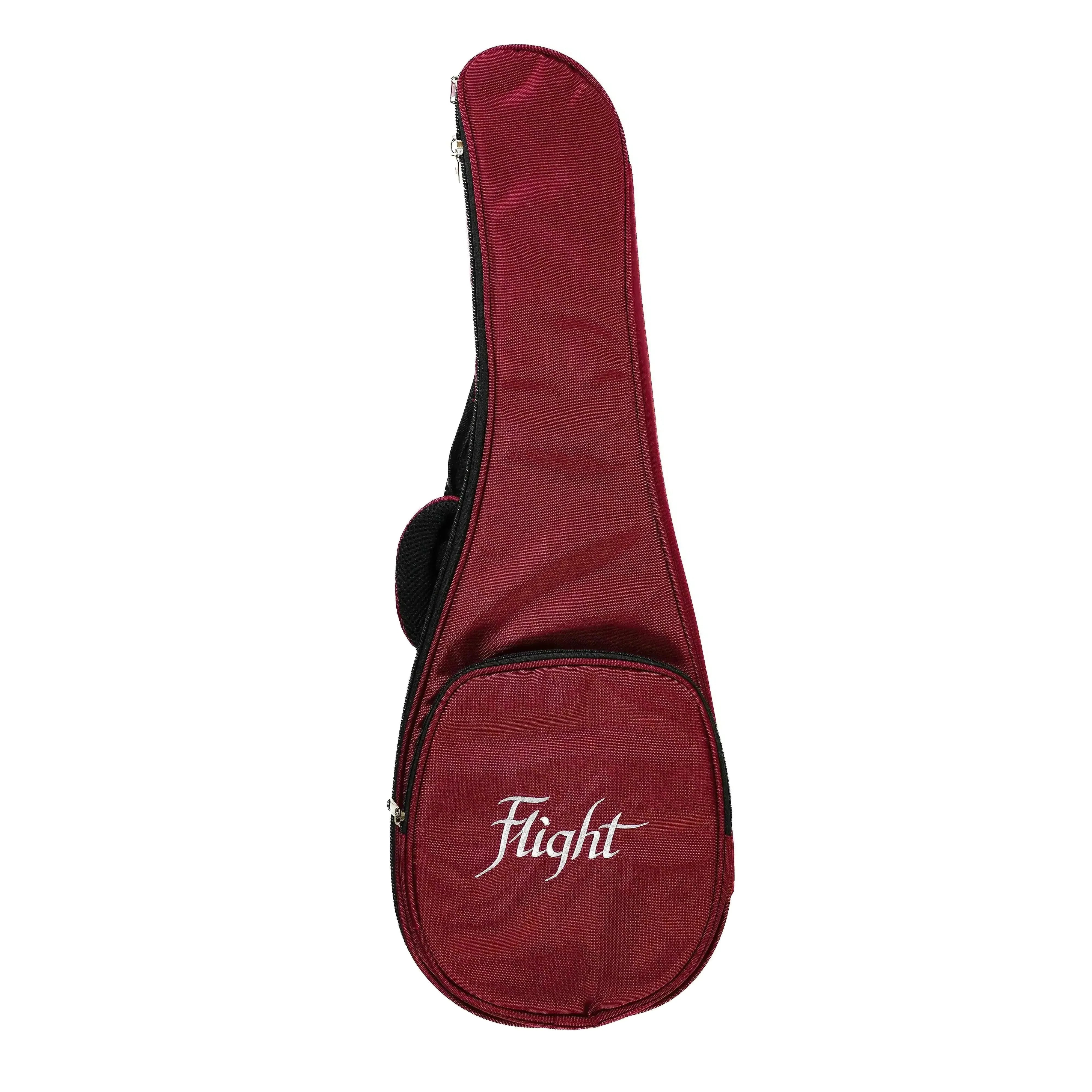 Flight ukulele gig bag in maroon with white "Flight" logo and black zipper.