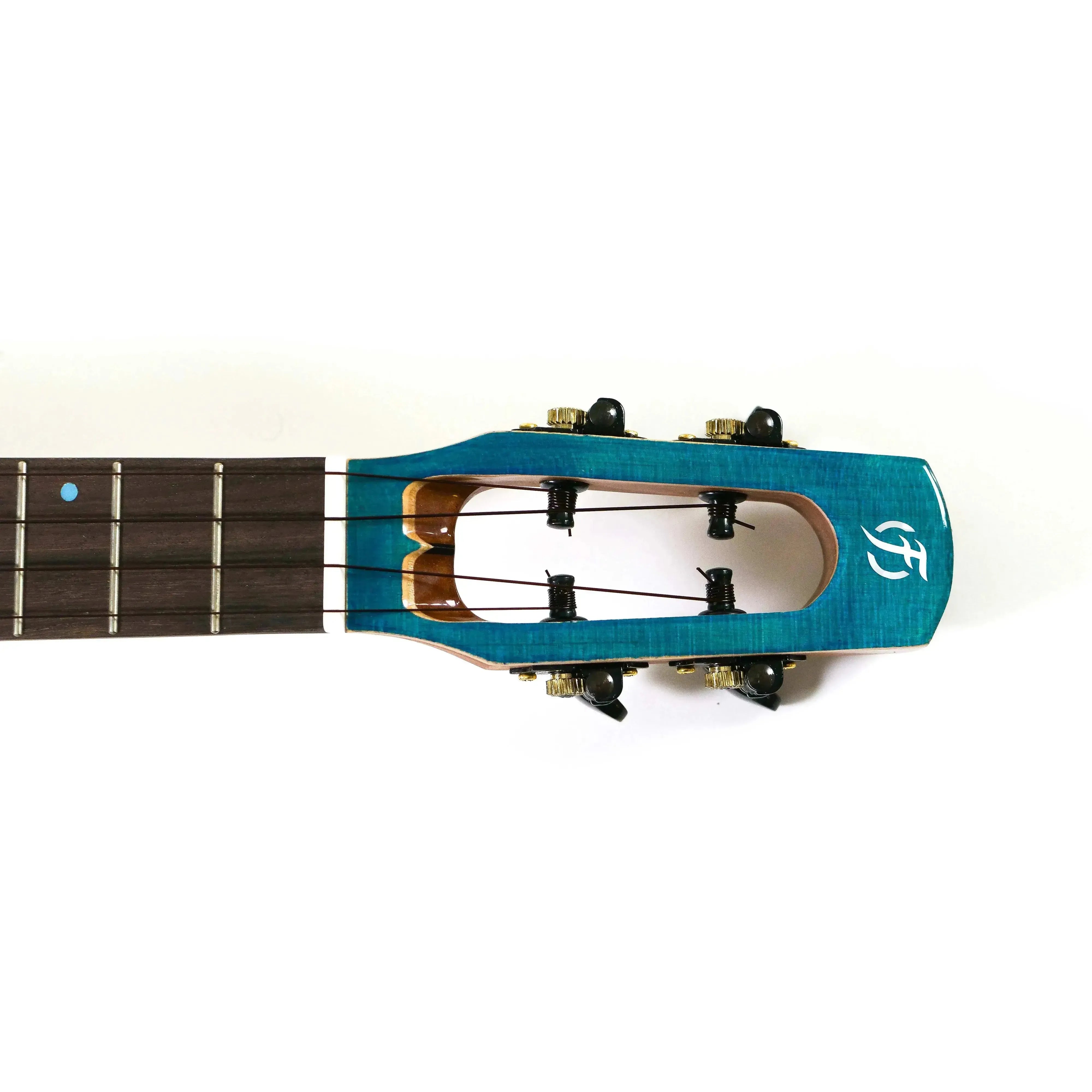 Flight Comet Blue EQ-A Tenor Ukulele headstock with flamed maple, gloss blue finish, and black tuners.