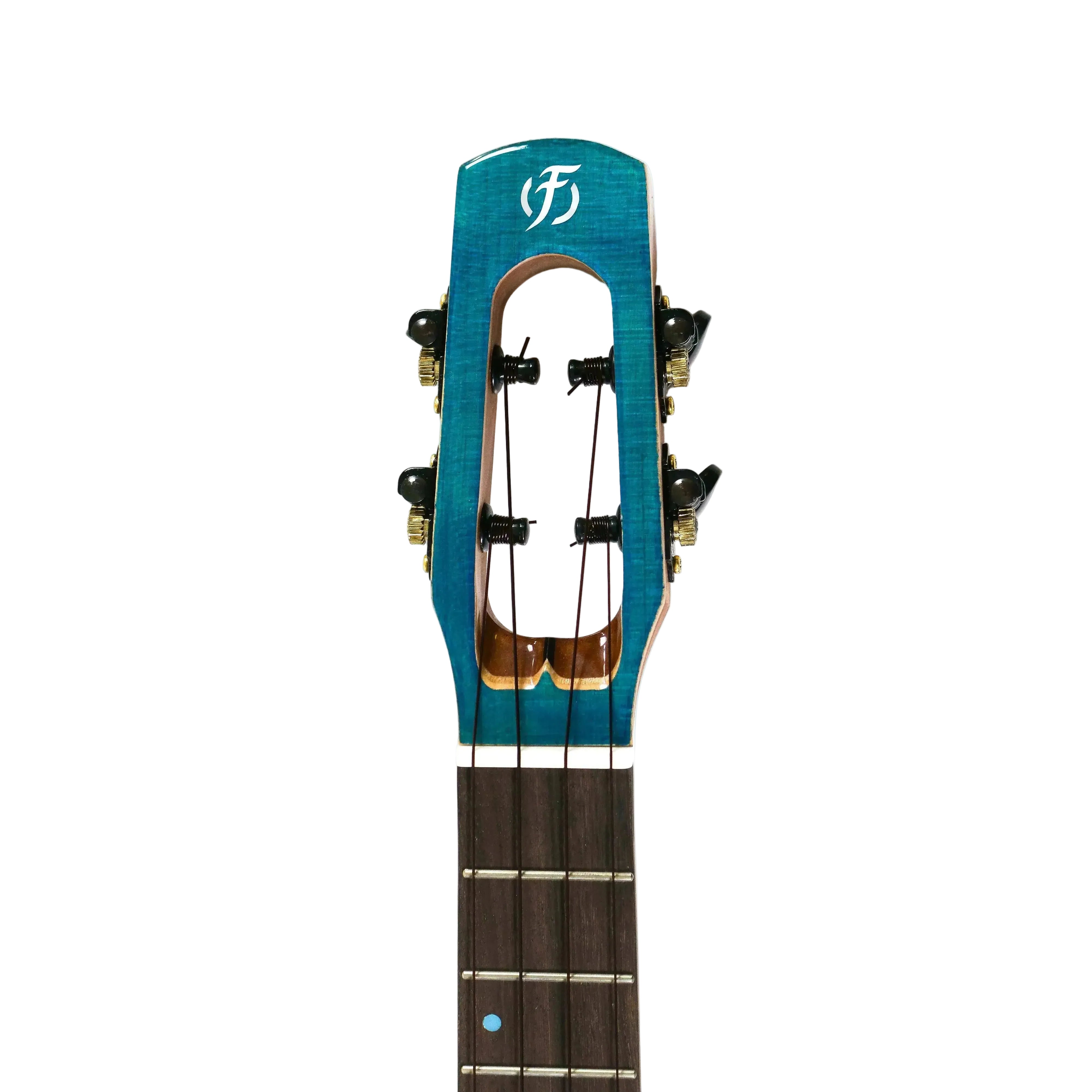 Flight Comet Blue EQ-A Tenor Ukulele headstock with flamed maple, gloss blue finish, and black tuners.