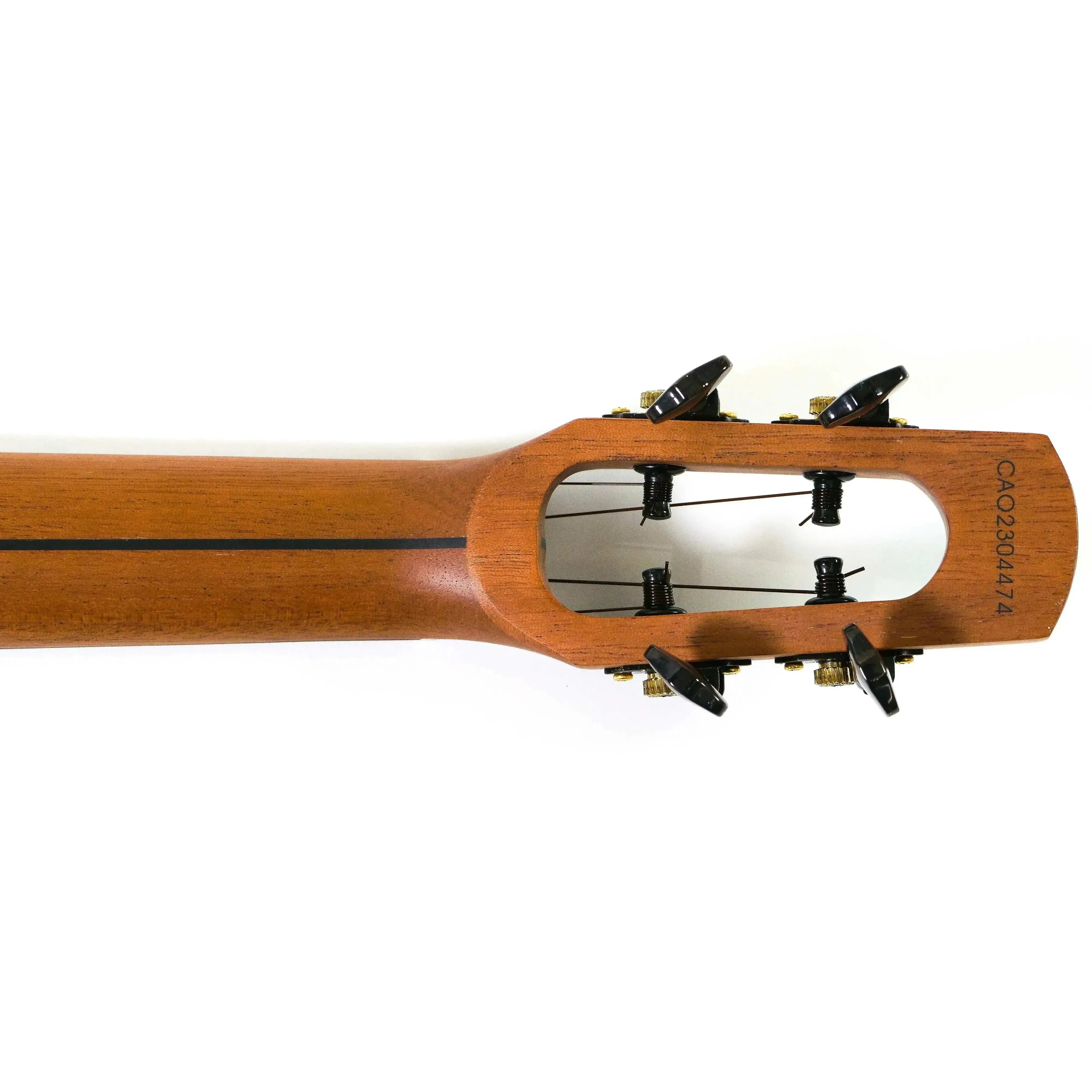 Back of Flight Comet Blue Tenor Ukulele headstock and neck, showing black tuners and wood grain.