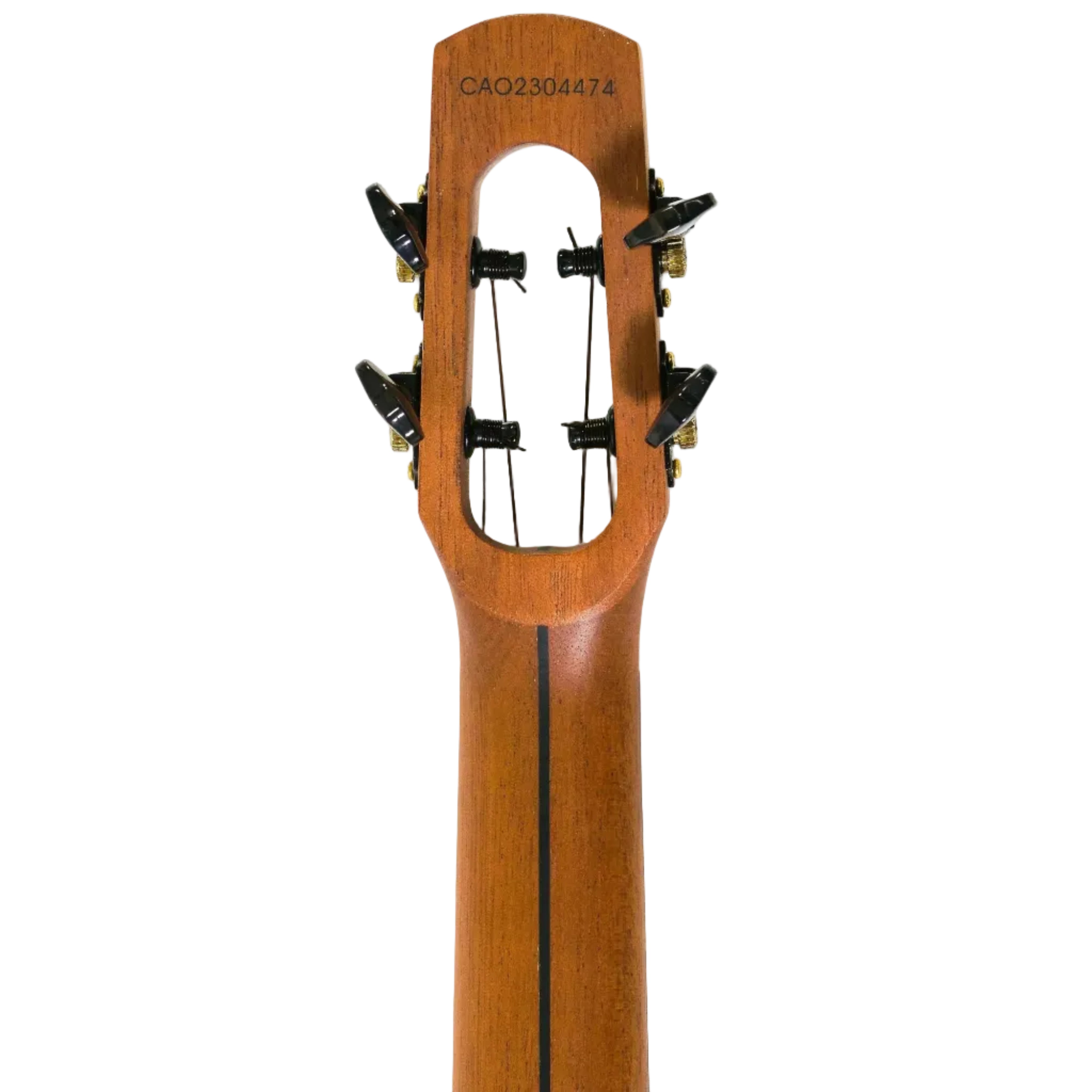 Back of Flight Comet Blue Tenor Ukulele headstock and neck, showing black tuners and wood grain.