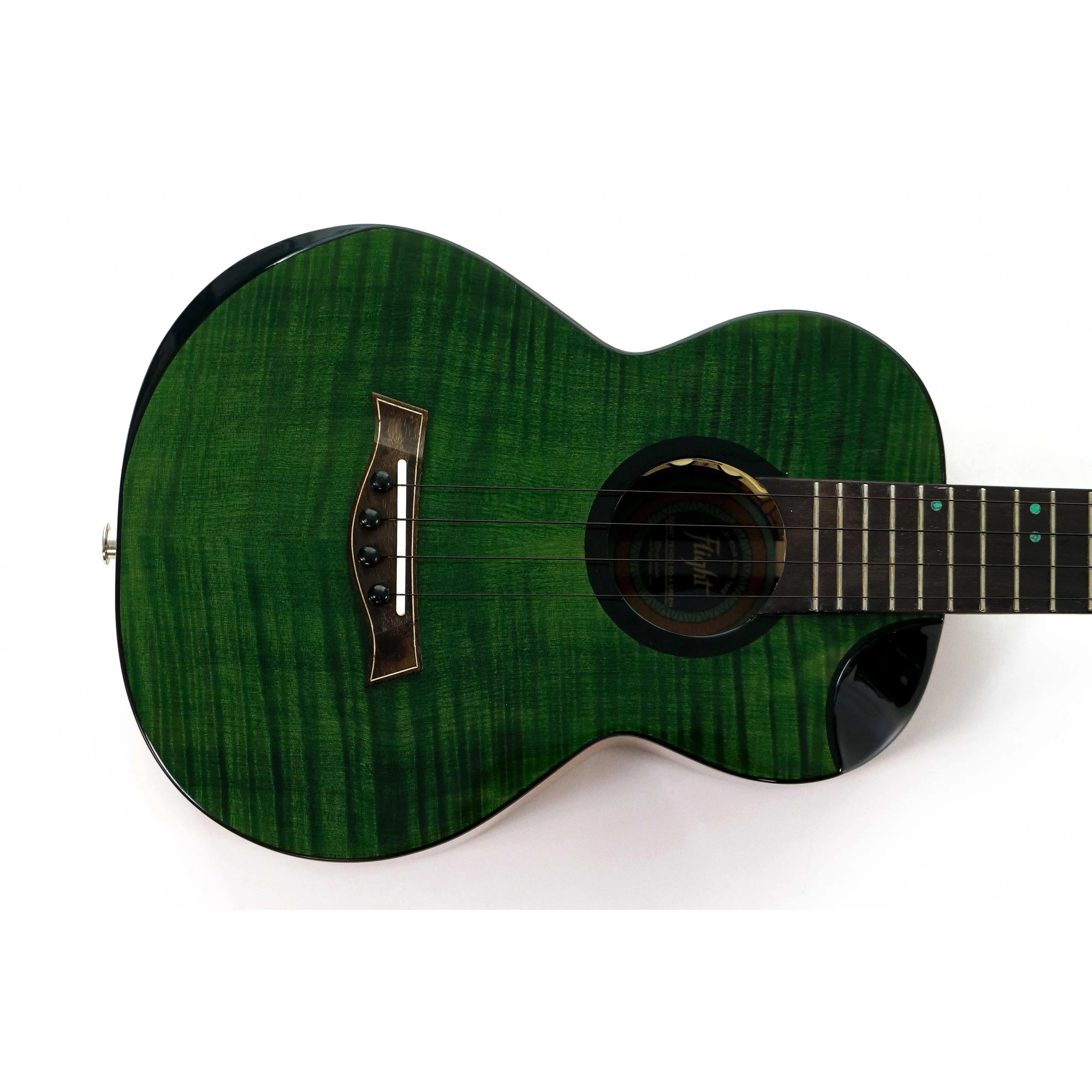 Flight Comet Green Tenor Ukulele with flamed maple top, rosewood bridge, and blackwood rosette.