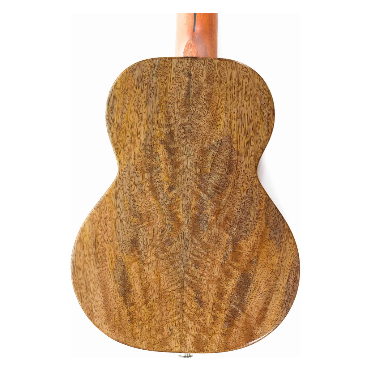 Back of Flight Comet Green Tenor Ukulele, showcasing solid flamed mango wood grain.