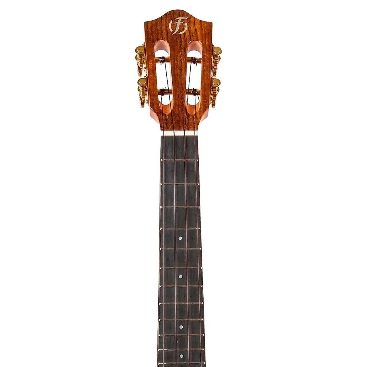 Flight DIANA TE Tenor Ukulele headstock with gold open-geared tuners and purpleheart fretboard.
