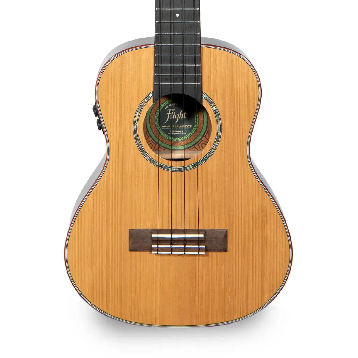 Flight Diana TE Soundwave tenor ukulele body front, solid cedar top with abalone rosette
