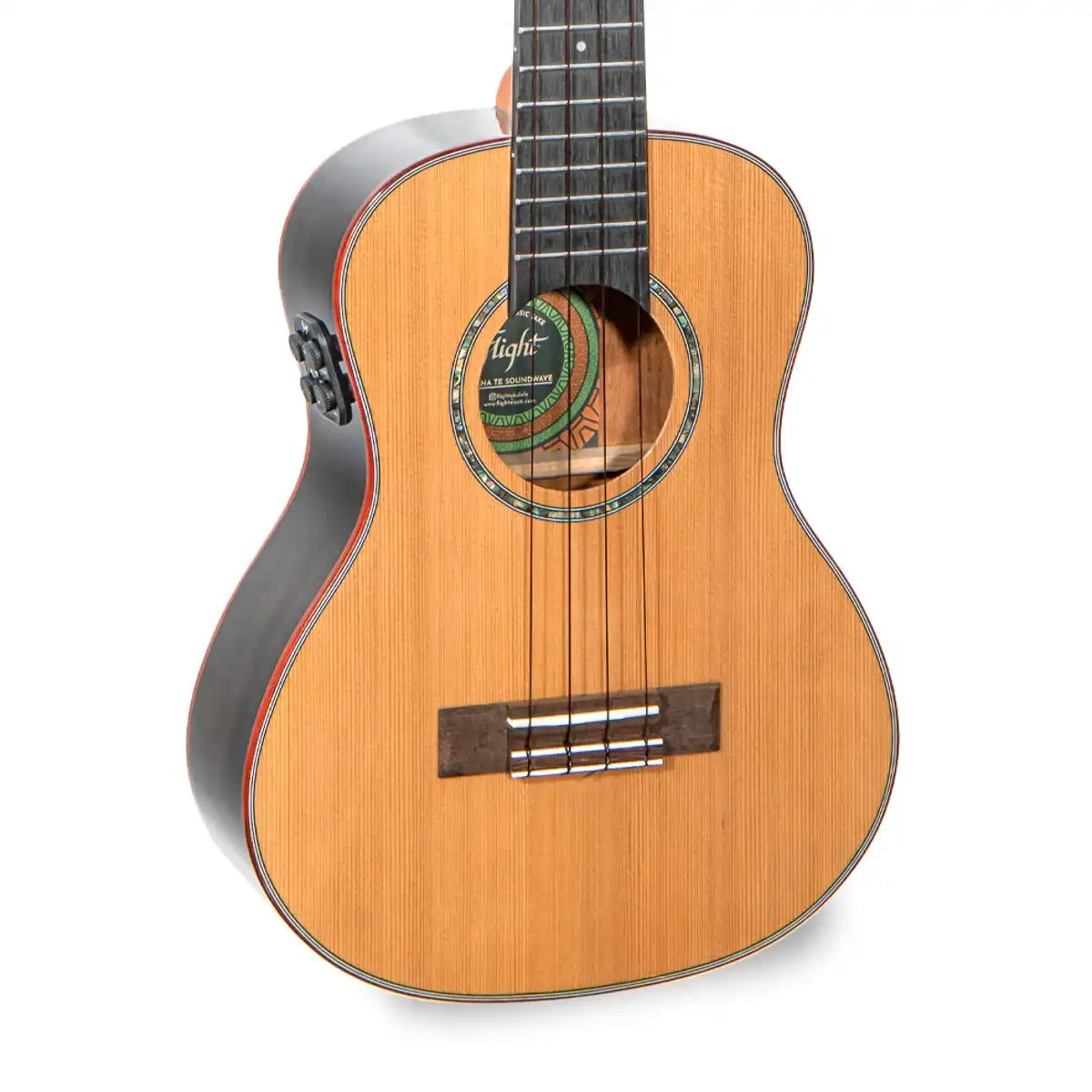 Flight Diana TE Soundwave tenor ukulele angled front view showing side-mounted pickup controls