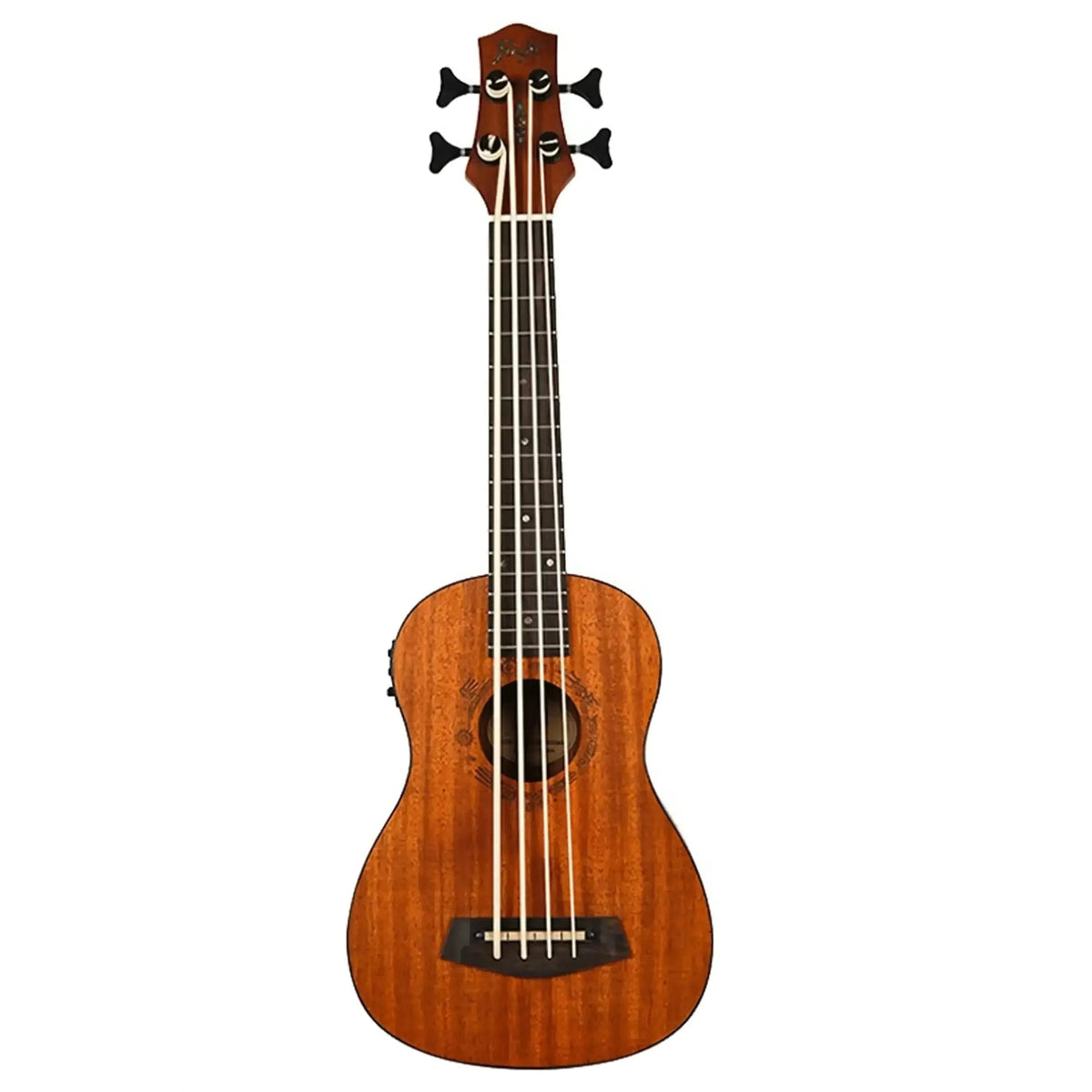 Flight DUBS MAH Mahogany Acoustic-Electric Bass Ukulele with dark fretboard and four black tuning pegs.