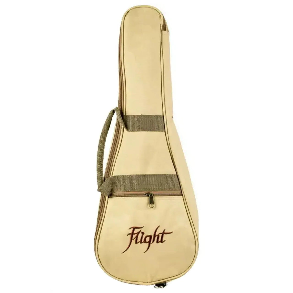 Flight DUBS MAH bass ukulele gig bag, light tan with brown trim and "Flight" logo.