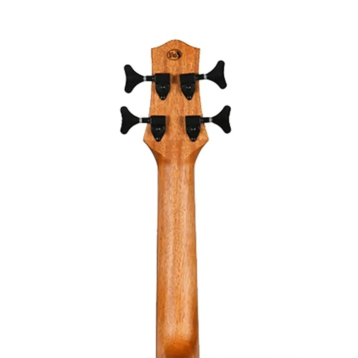 Flight DUBS MAH Bass Ukulele mahogany neck and headstock with black tuning pegs.