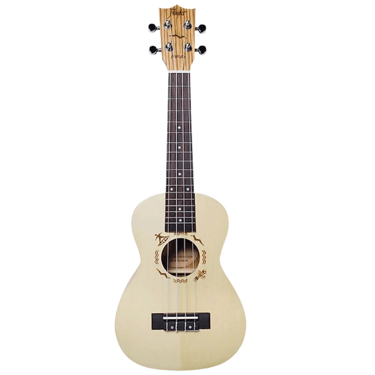 Flight DUC325 SP/ZEB Concert Ukulele with light spruce top, zebrawood headstock, and soundhole rosette.