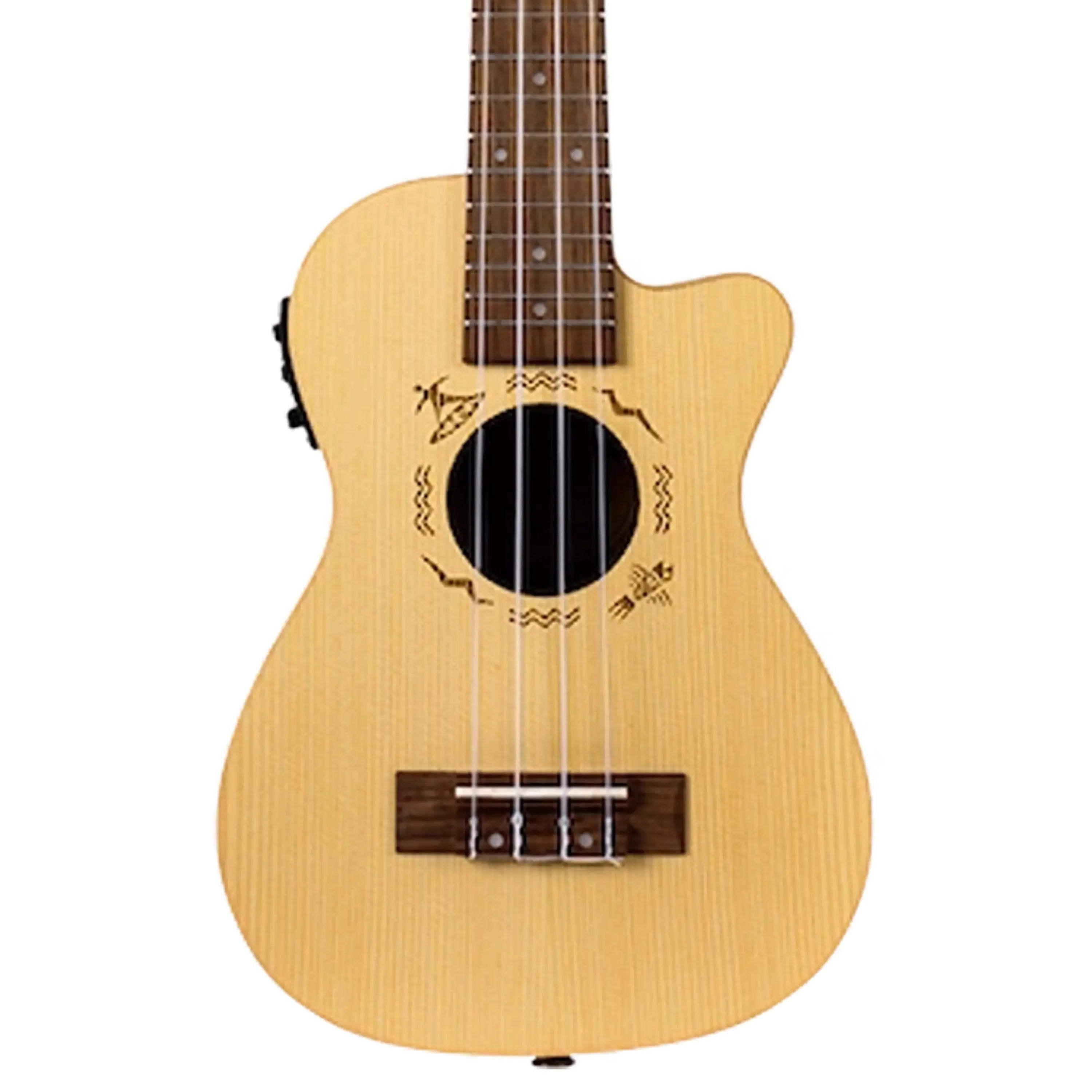Flight DUC328 CEQ SP/ZEB electro-acoustic concert ukulele with light wood top, dark bridge, and soundhole etching.