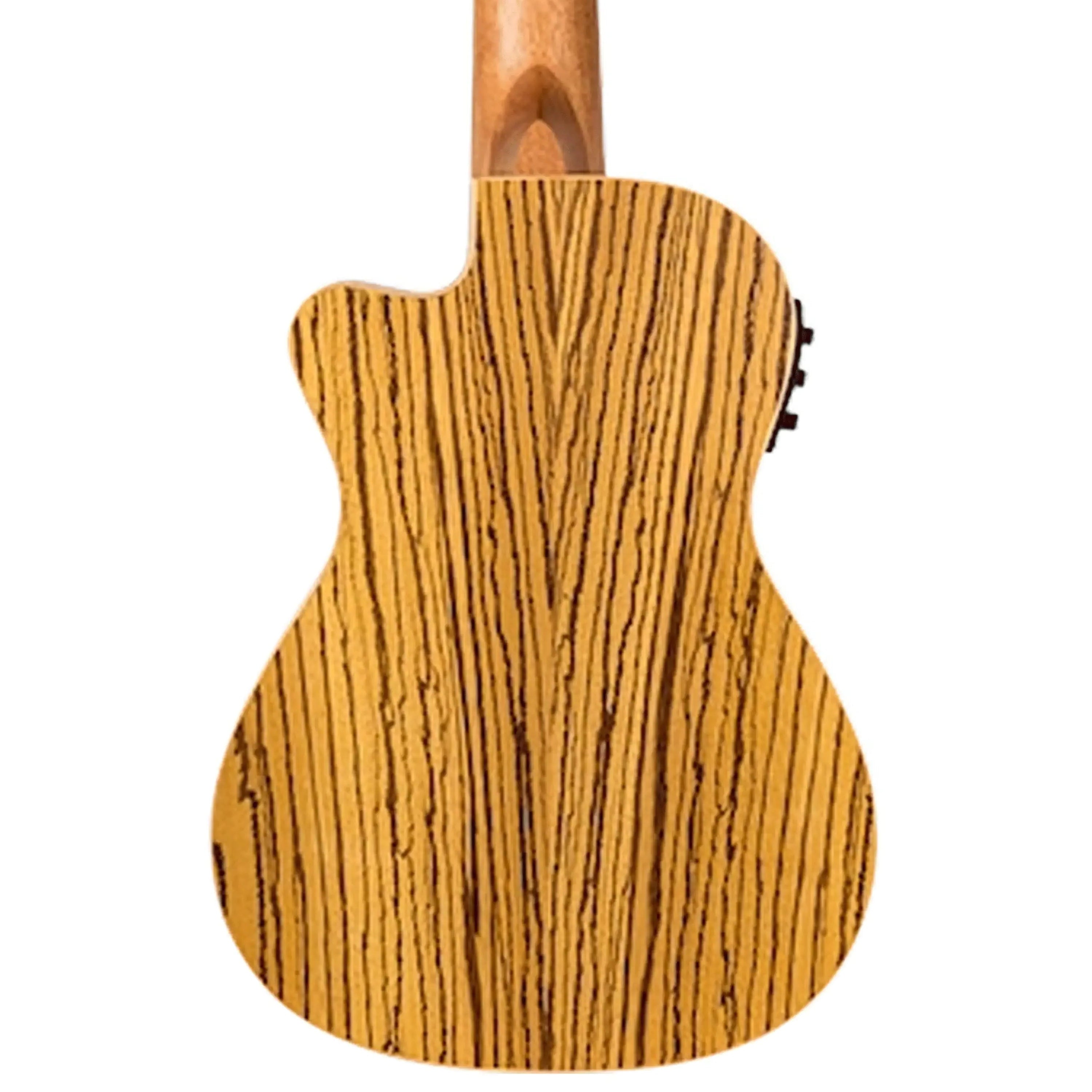 Back of a Flight DUC328 CEQ SP/ZEB Concert Ukulele with striped zebrawood finish and arched design.