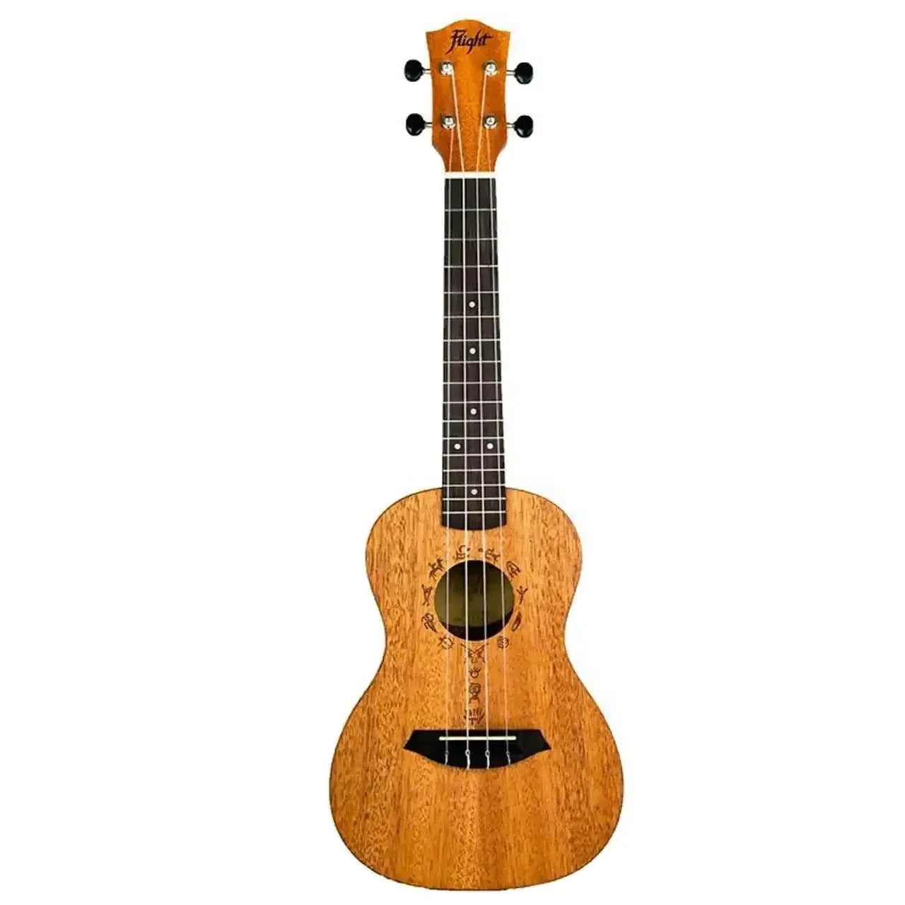 Flight DUC373 African Mahogany Concert Ukulele with unique soundhole rosette and black bridge.