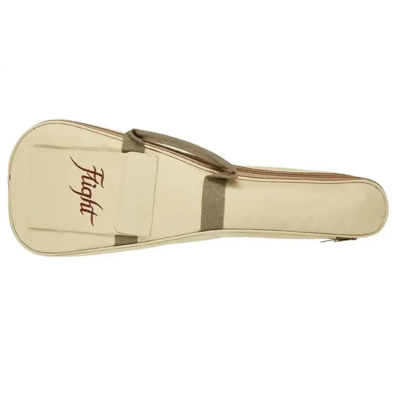 Flight DUC373 ukulele in a cream-colored soft gig bag with brown trim and "Flight" logo.