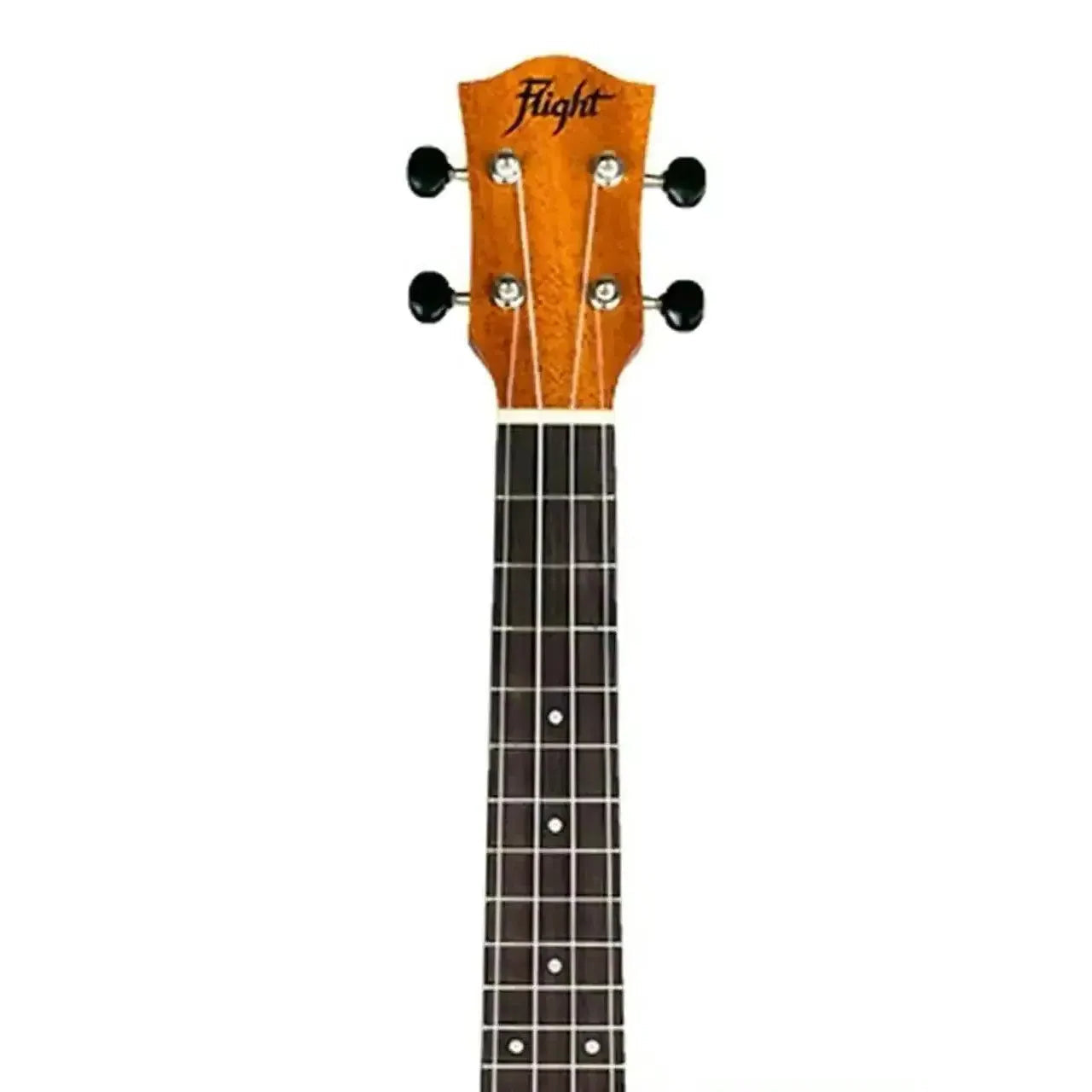 Flight DUC373 African Mahogany Concert Ukulele neck and headstock with black tuners and fretboard.