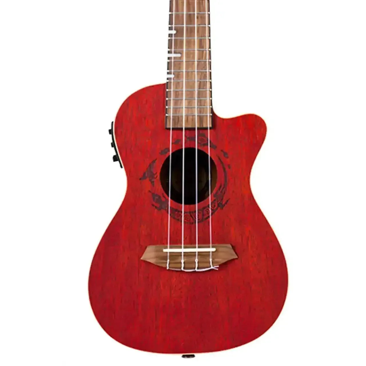 Flight DUC380 CEQ Coral Concert Ukulele with a red mahogany body, cutaway, and soundhole rosette.