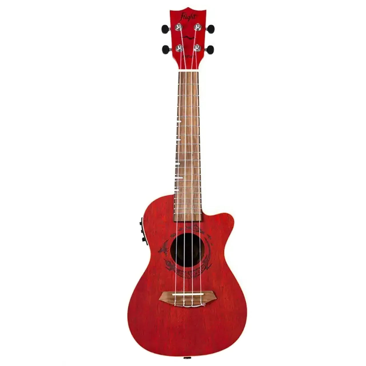 Flight DUC380 CEQ Coral Concert Ukulele with red laminate body, cutaway, and dark soundhole rosette.