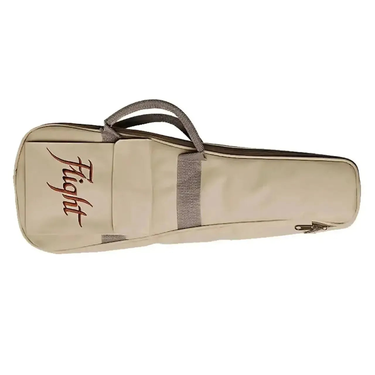 Flight ukulele gig bag in light beige with brown trim and "Flight" logo.