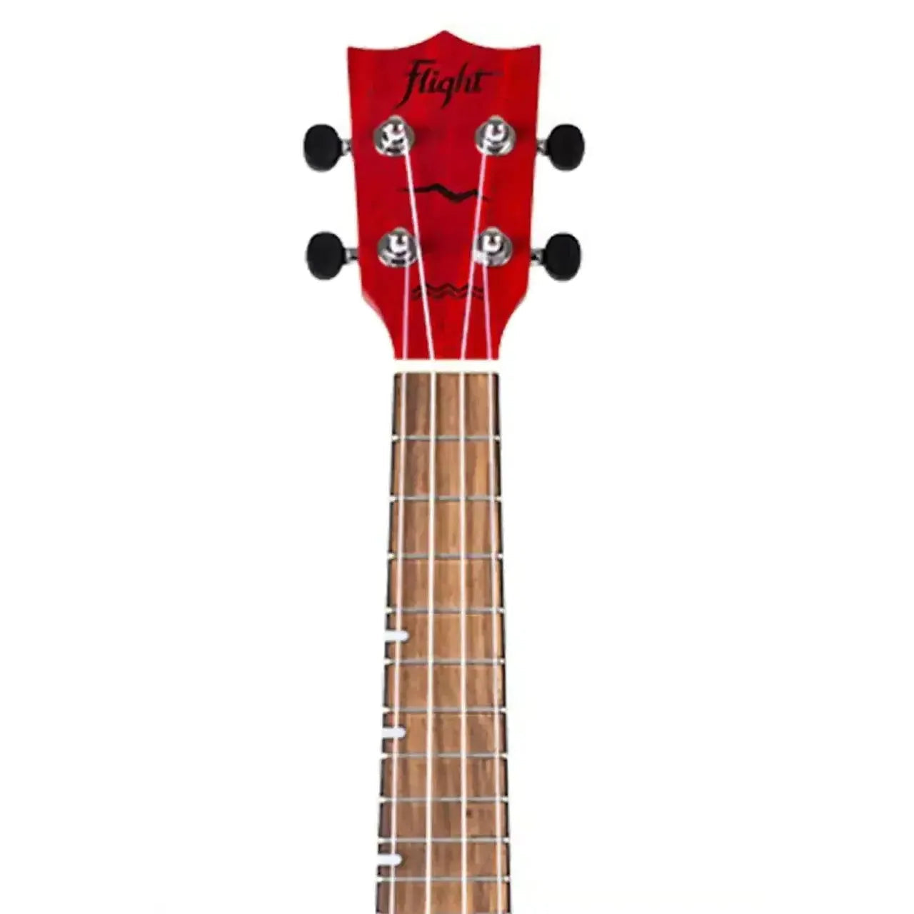 Flight DUC380 CEQ Coral Concert Ukulele headstock and fretboard, showing red finish and black tuners.