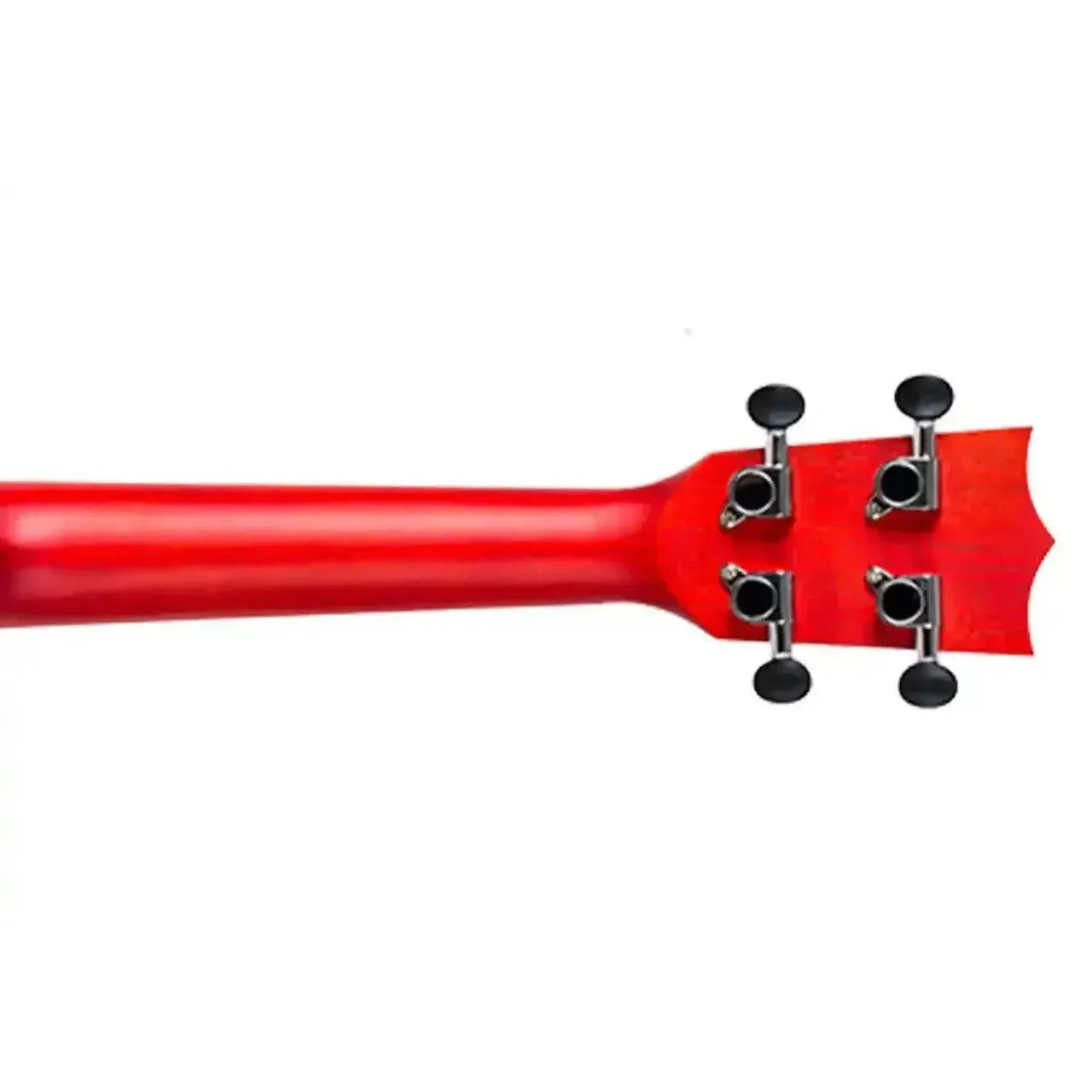 Back of a Flight DUC380 CEQ Coral Concert Ukulele neck and headstock with four black tuners.