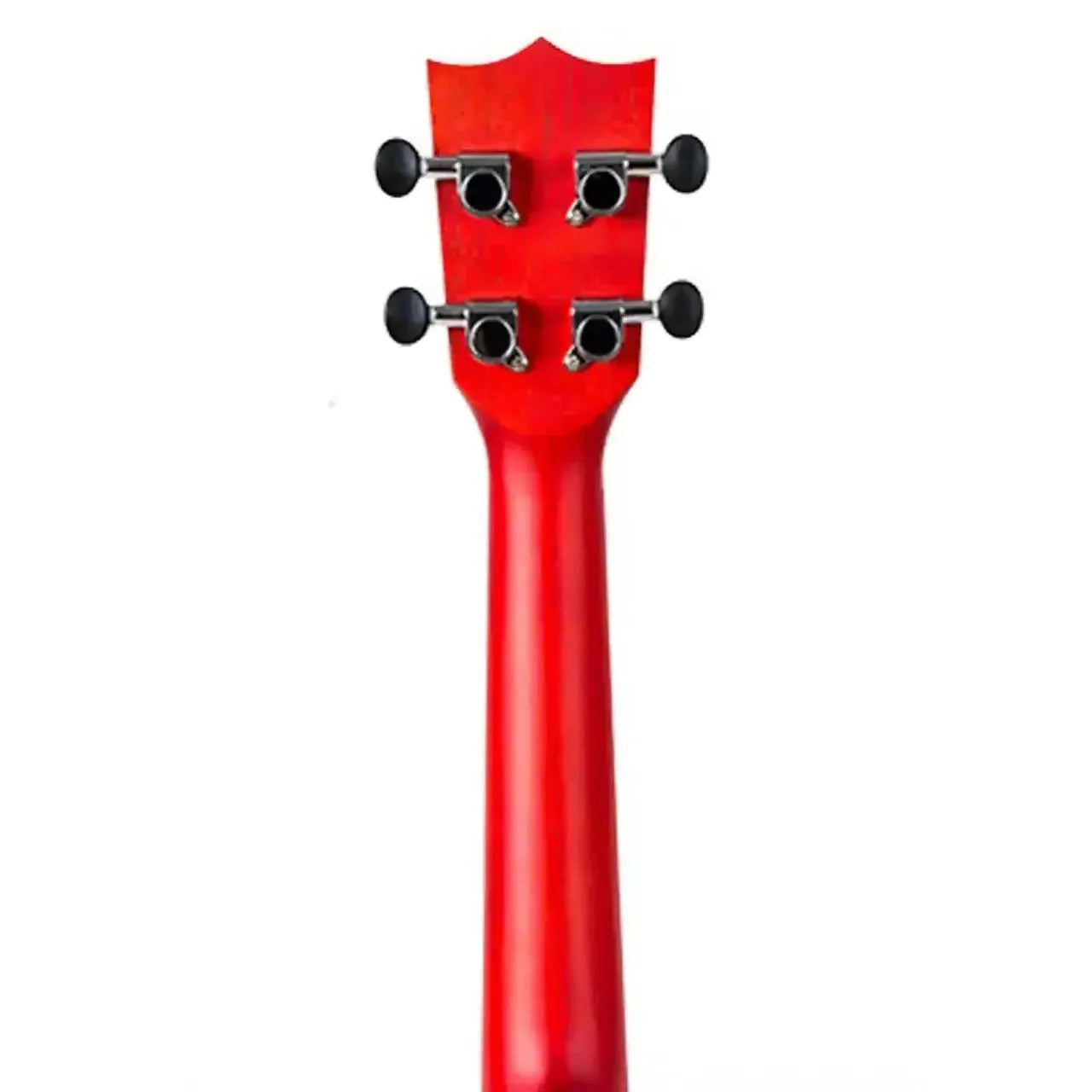 Back of a Flight DUC380 CEQ Coral Concert Ukulele neck and headstock with four black tuners.