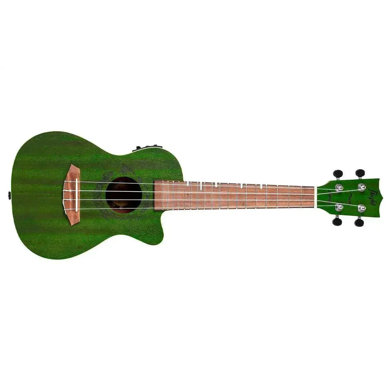 Flight DUC380 CEQ Jade Concert Ukulele, full view, with green mahogany body and walnut fretboard.
