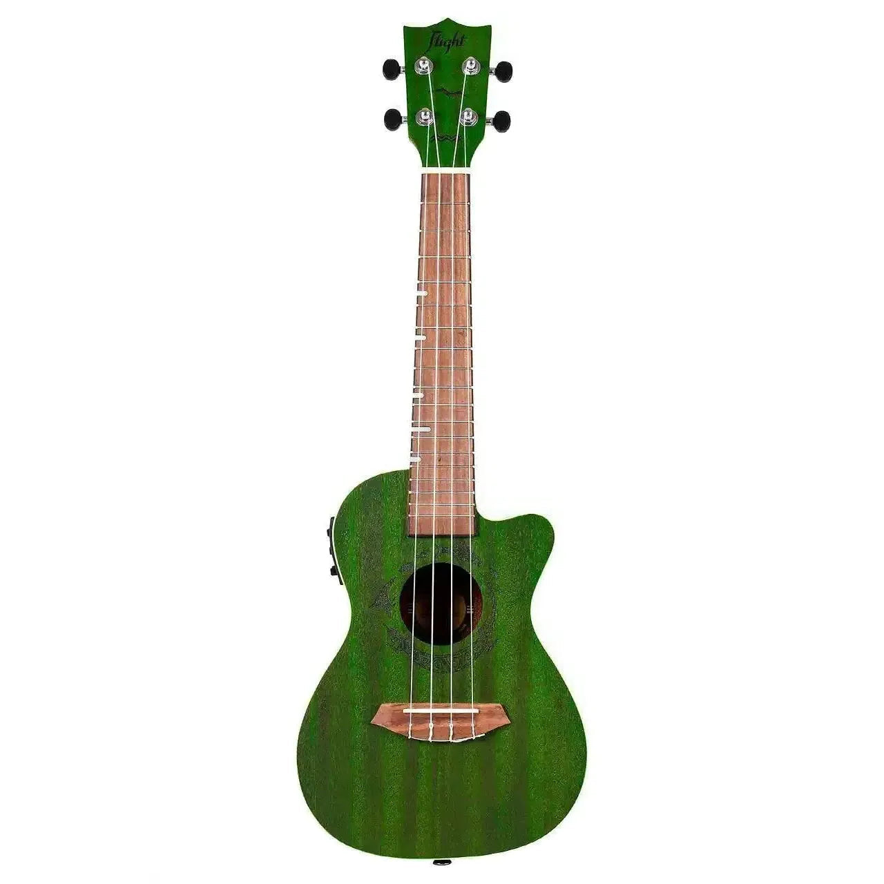 Flight DUC380 CEQ Jade Concert Ukulele, full view, with green mahogany body and walnut fretboard.