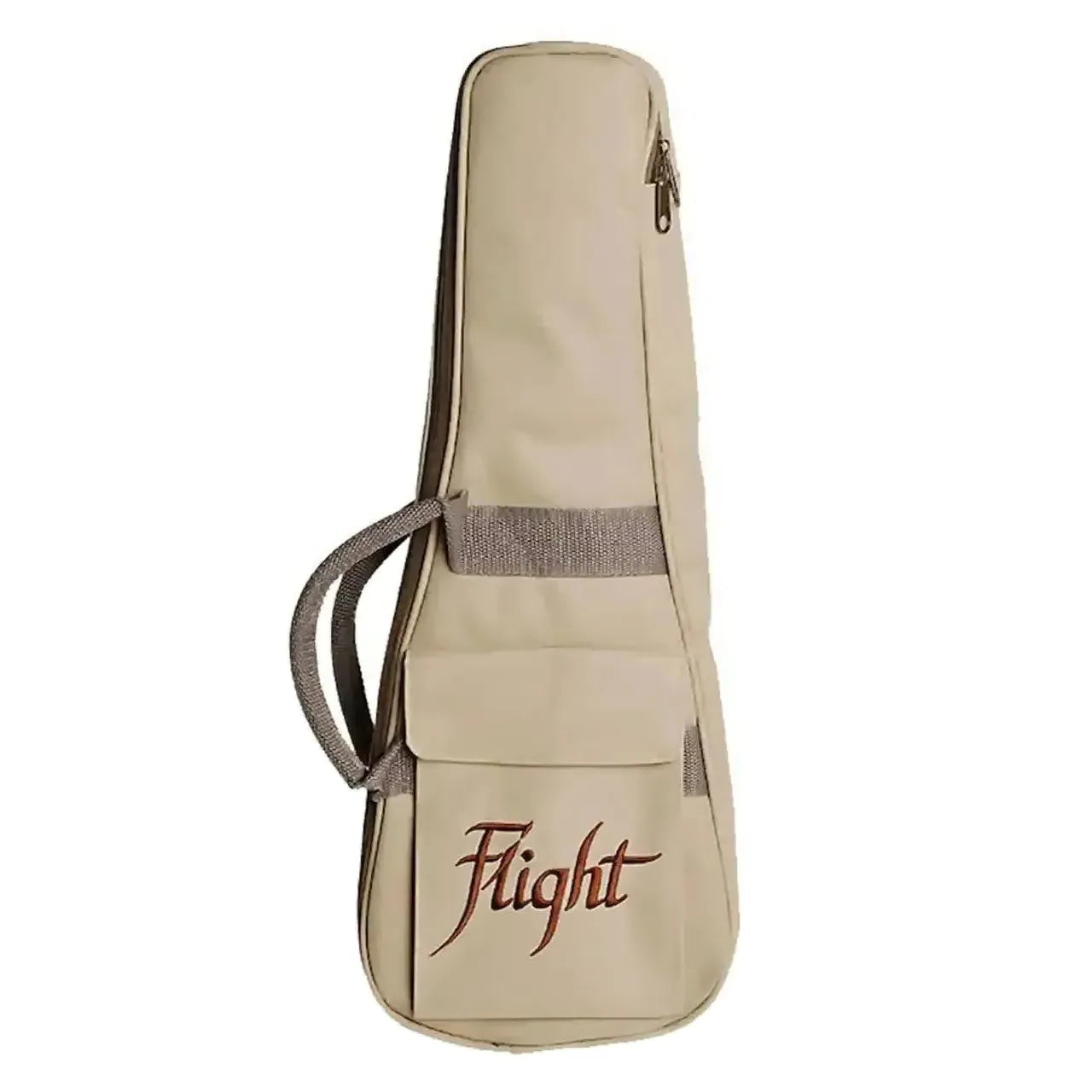 Flight ukulele gig bag in beige with brown trim and "Flight" logo.
