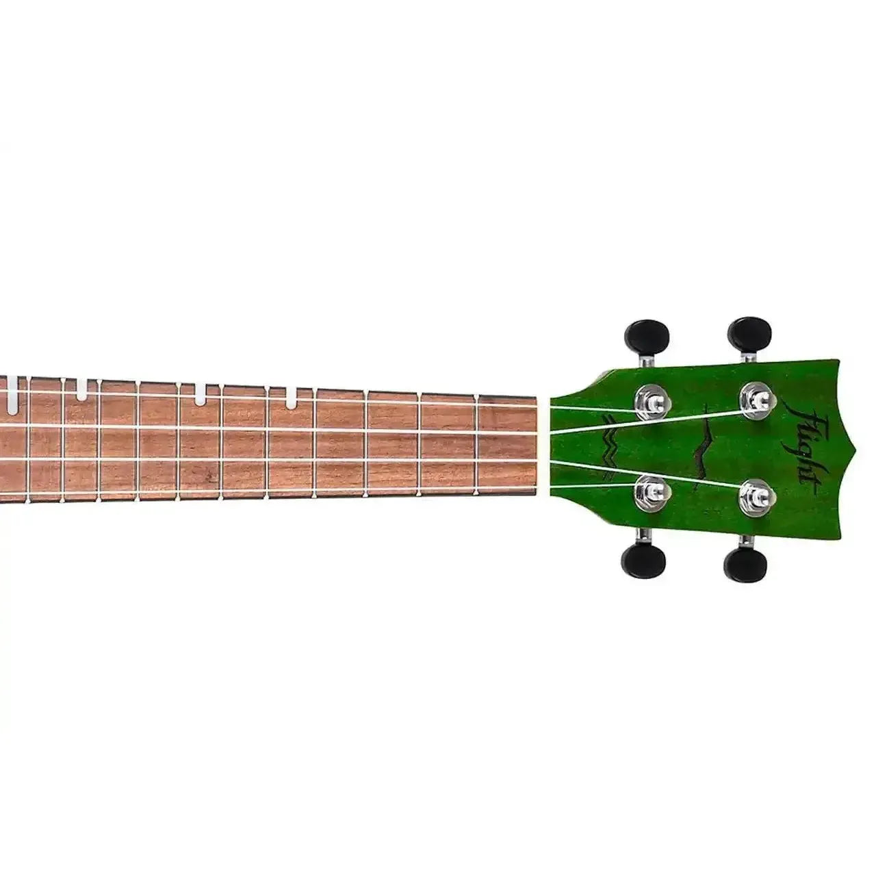 Flight DUC380 CEQ Jade Concert Ukulele headstock and fretboard with green finish and black tuners.