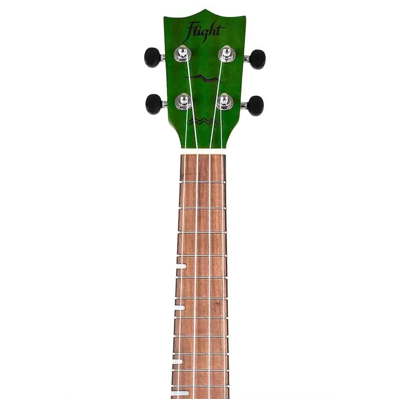 Flight DUC380 CEQ Jade Concert Ukulele headstock and fretboard with green finish and black tuners.