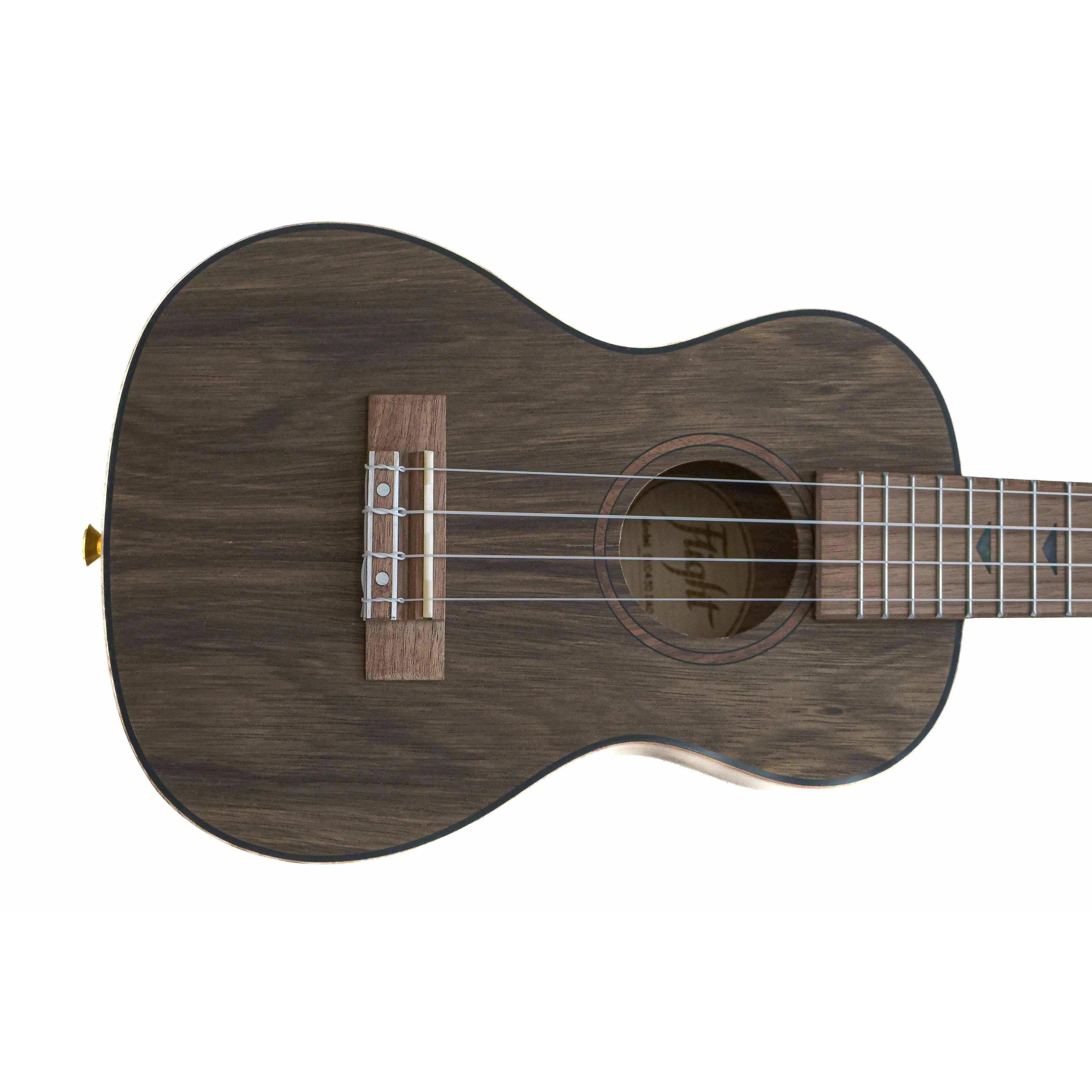Flight DUC430 Dao Concert Ukulele, dark wood with a satin finish, bridge, and soundhole.