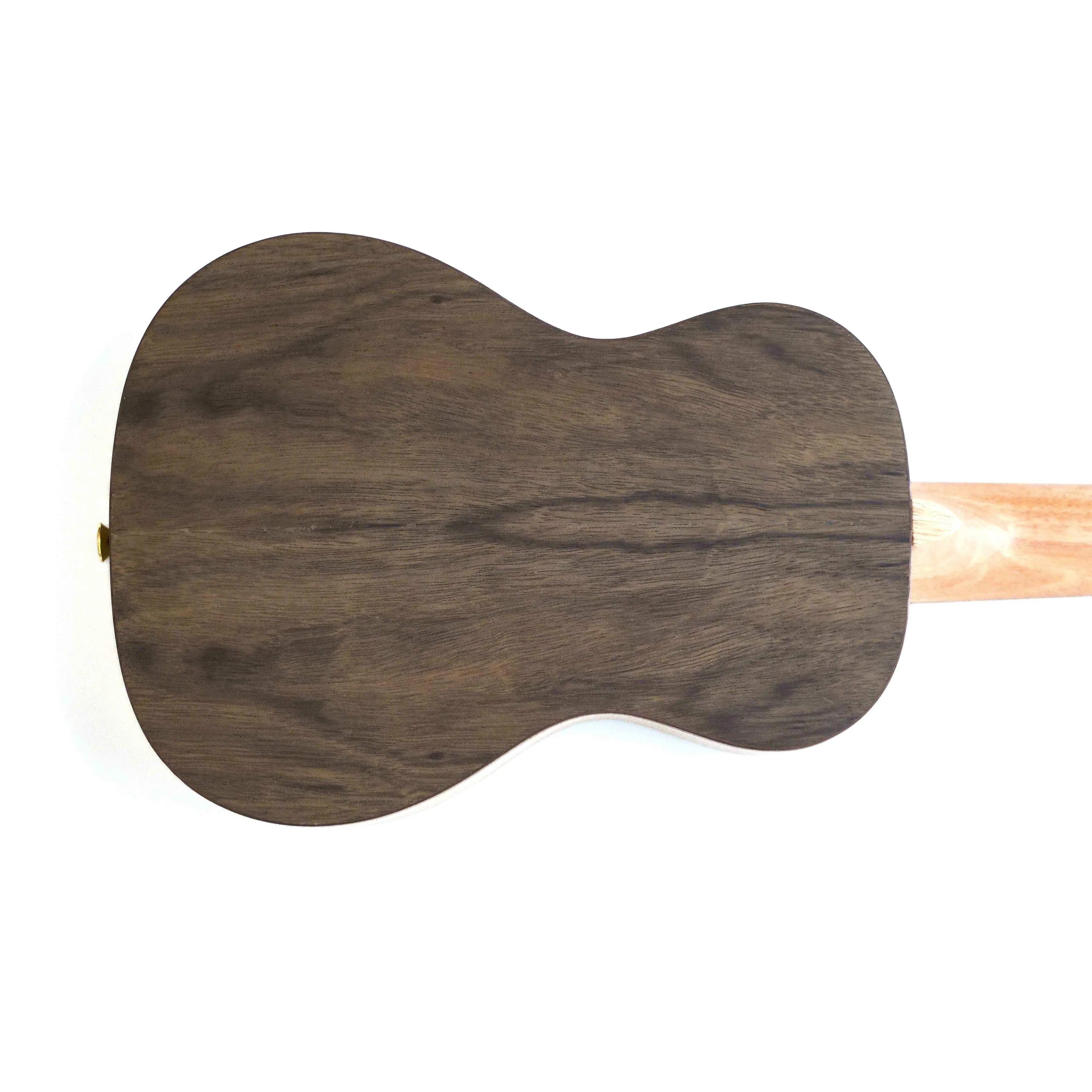 Back of a Flight DUC430 Dao Concert Ukulele, showing dark figured wood body and light wood neck.