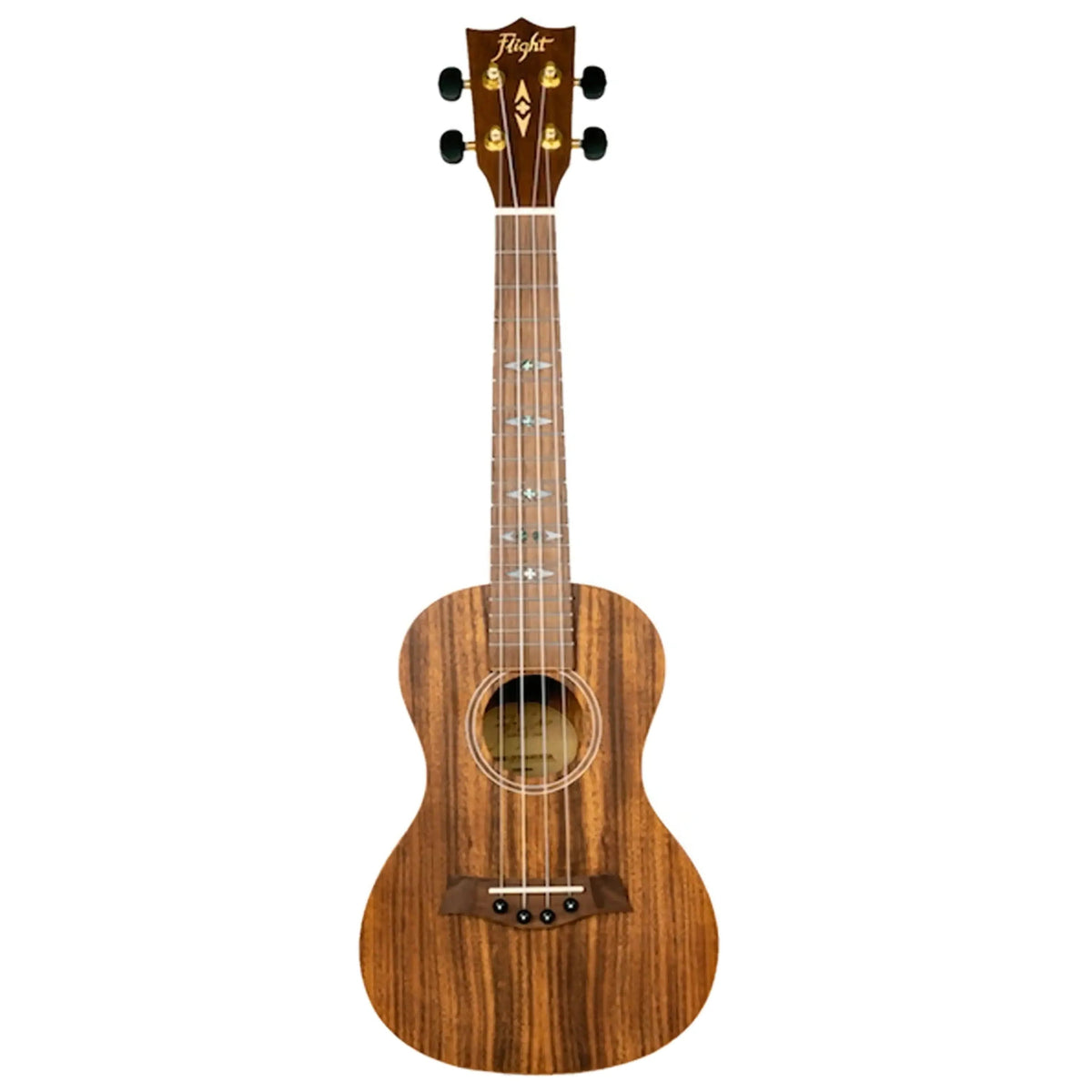 Flight DUC440 Acacia Concert Ukulele, natural satin finish, with dark wood grain and decorative fretboard inlays.