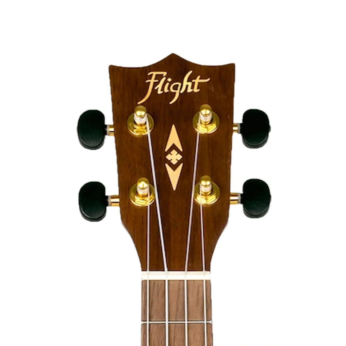Flight DUC440 Acacia Concert Ukulele headstock with gold tuners and Flight logo.
