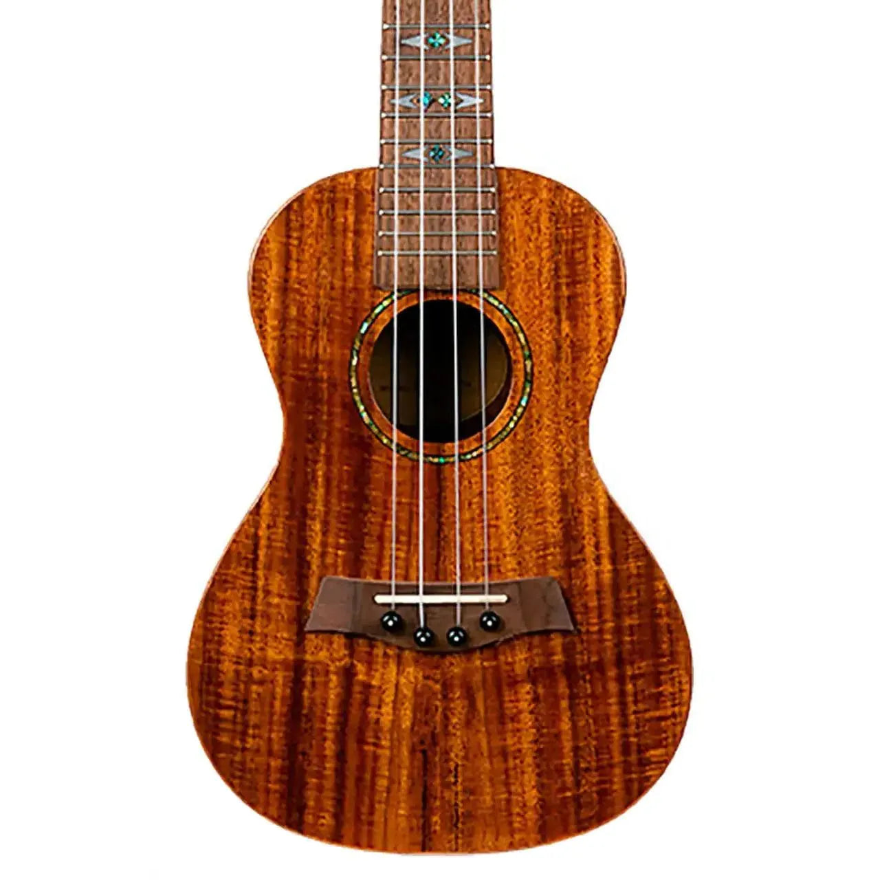 Flight DUC445 Supernatural Series Gloss Acacia Concert Ukulele with ornate soundhole and fretboard inlays.