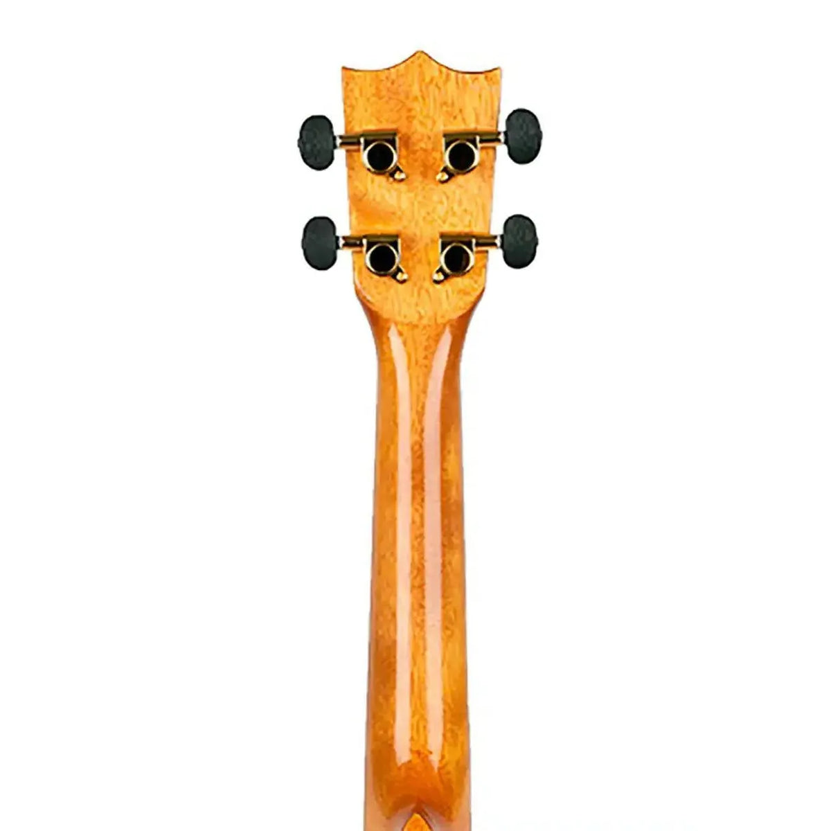 Flight DUC445 Supernatural Series Gloss Acacia Concert Ukulele neck and headstock with black tuners.