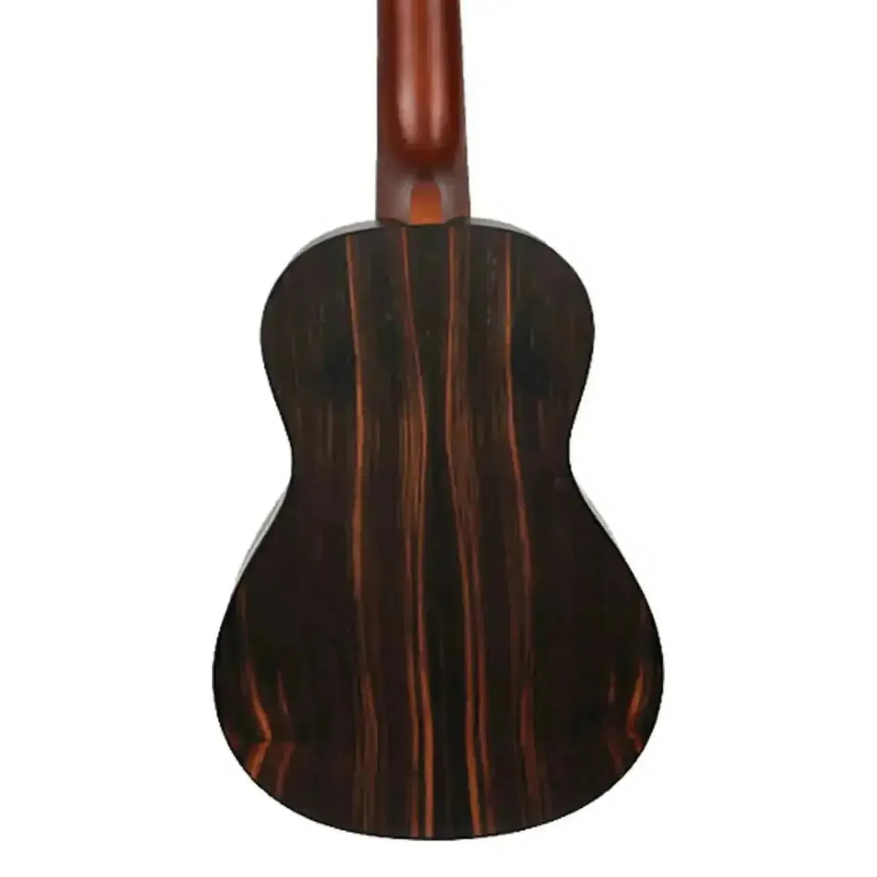 Back of Flight DUC460 Amara Concert Ukulele, showing dark wood grain with reddish-brown stripes.