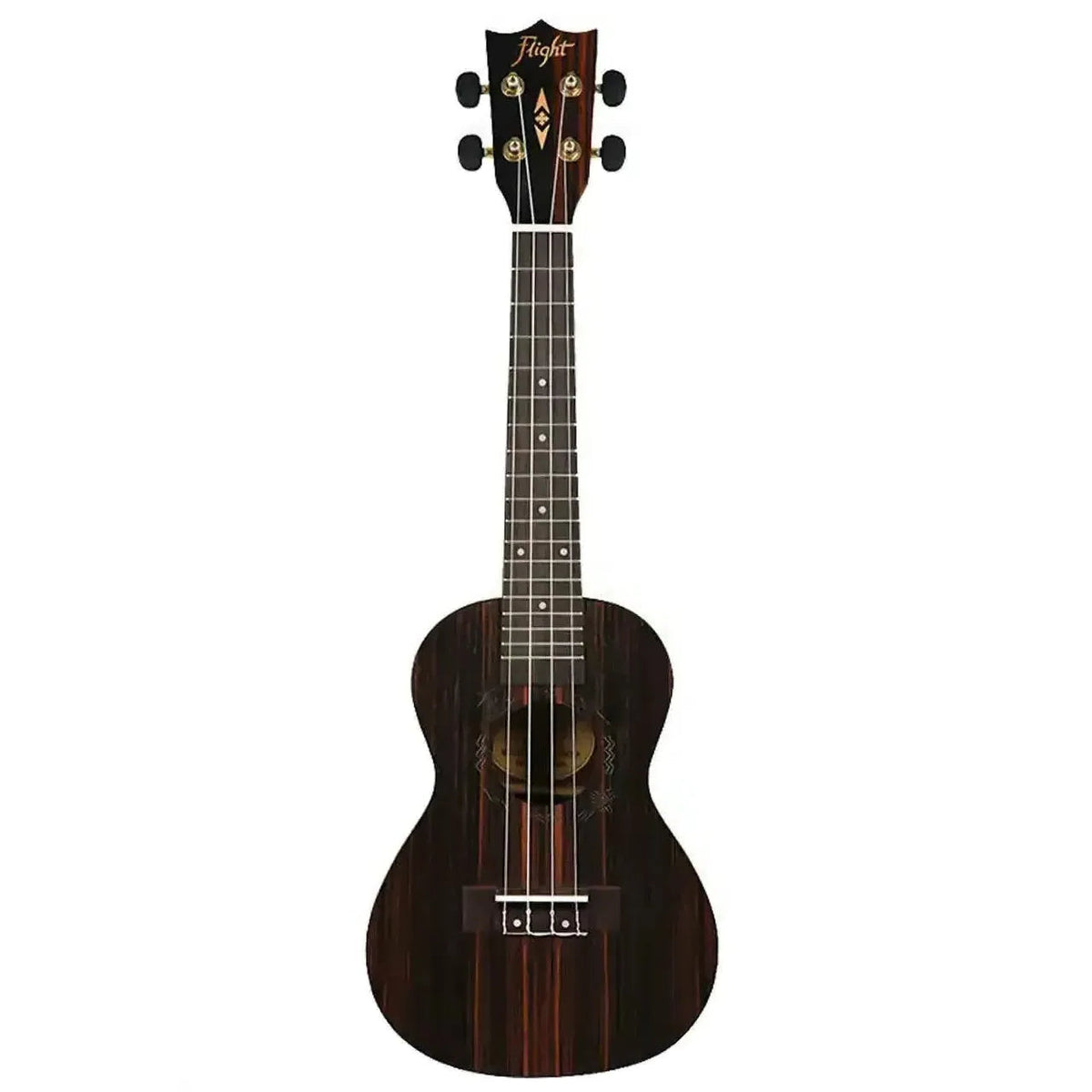 Flight DUC460 Supernatural Amara Concert Ukulele with dark wood grain, gold tuners, and soundhole rosette.