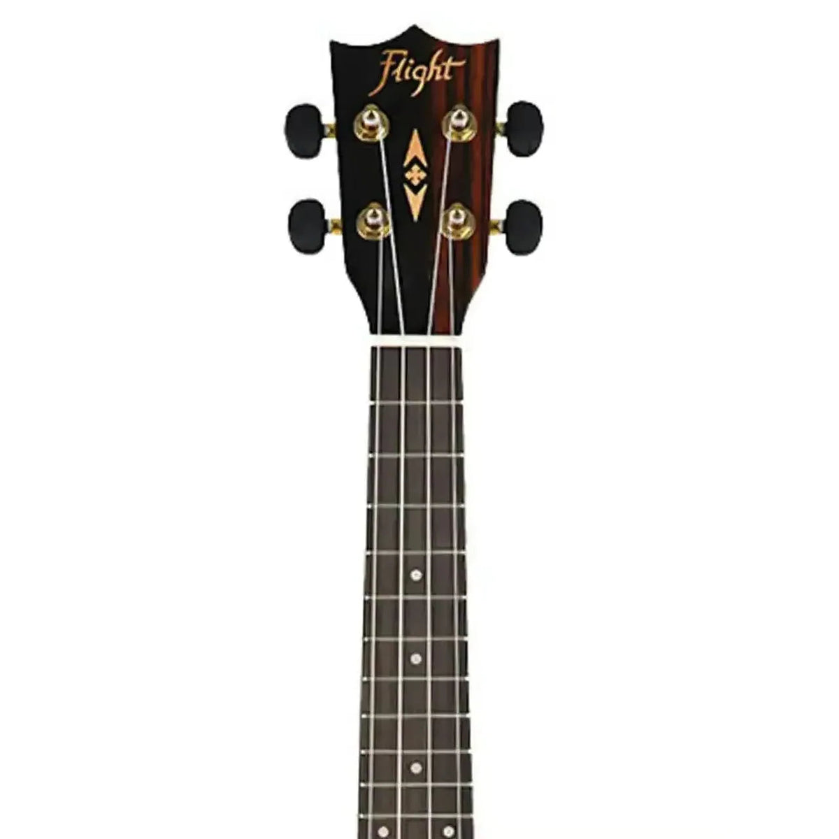 Flight DUC460 Amara Concert Ukulele headstock and fretboard with gold tuners.