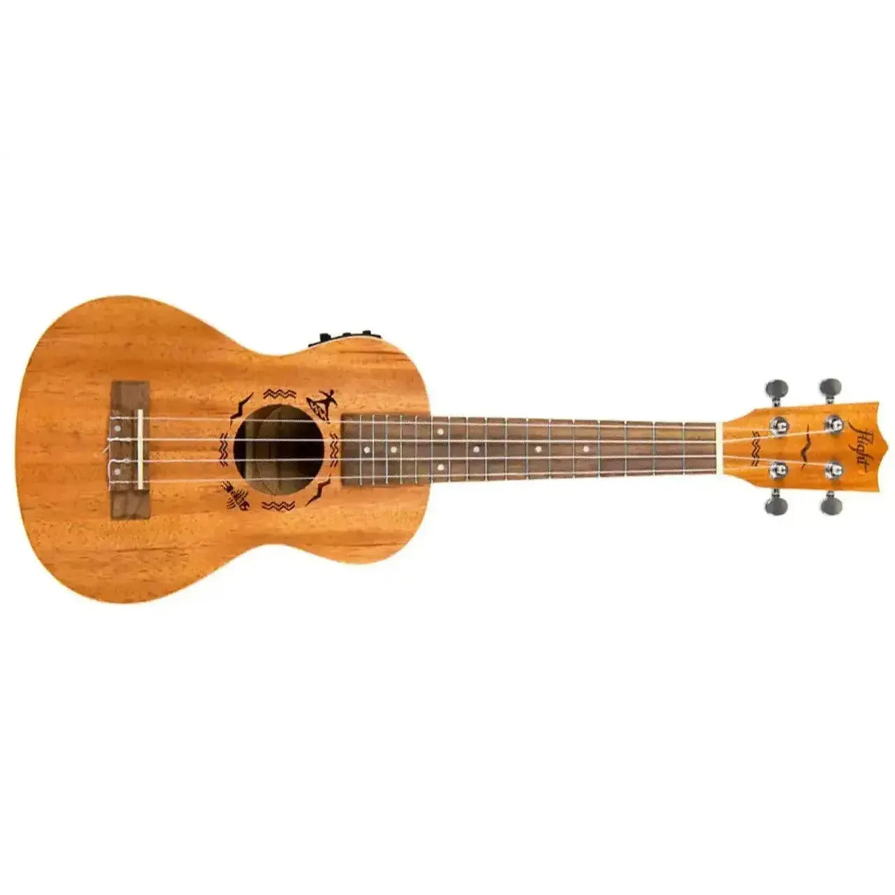 Flight DUC523 CEQ Designer Series mahogany concert ukulele with EQ, featuring a natural wood finish and soundhole design.